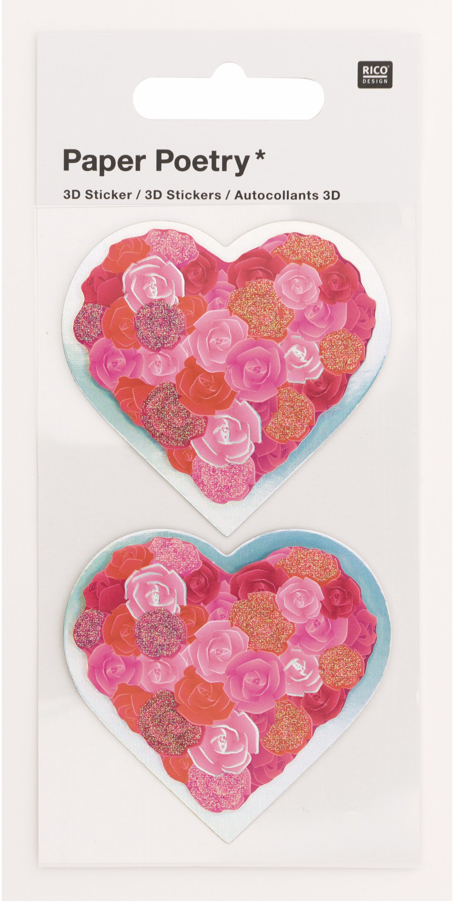 Rico Design 3D-Sticker – 75 × 155 mm, Herzen mit Rosen, Rot, Glänzend, Hot Foil, Glitter