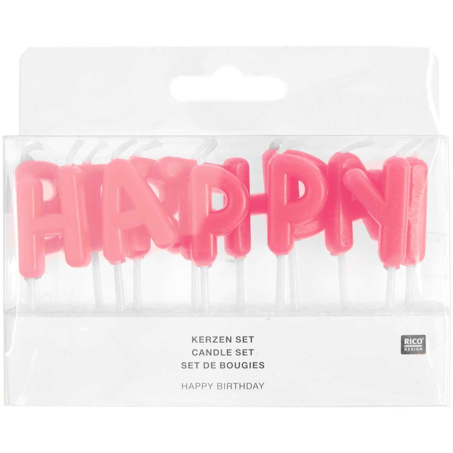 Rico Design Geburtstagskerzen Happy Birthday – Neonpink – 7,5 × 2 × 12 cm – Paraffinwachs
