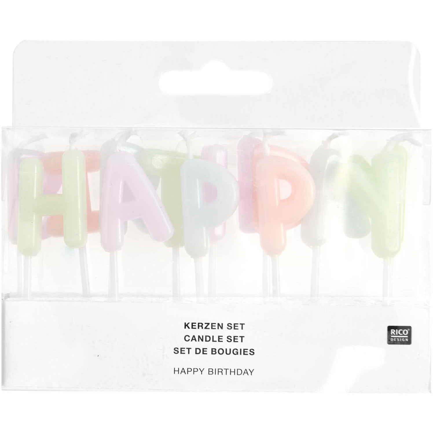 Rico design Geburtstagskerzen Happy Birthday – Pastell – 6 cm – Wachs – mit lebensmittelechten Pickern