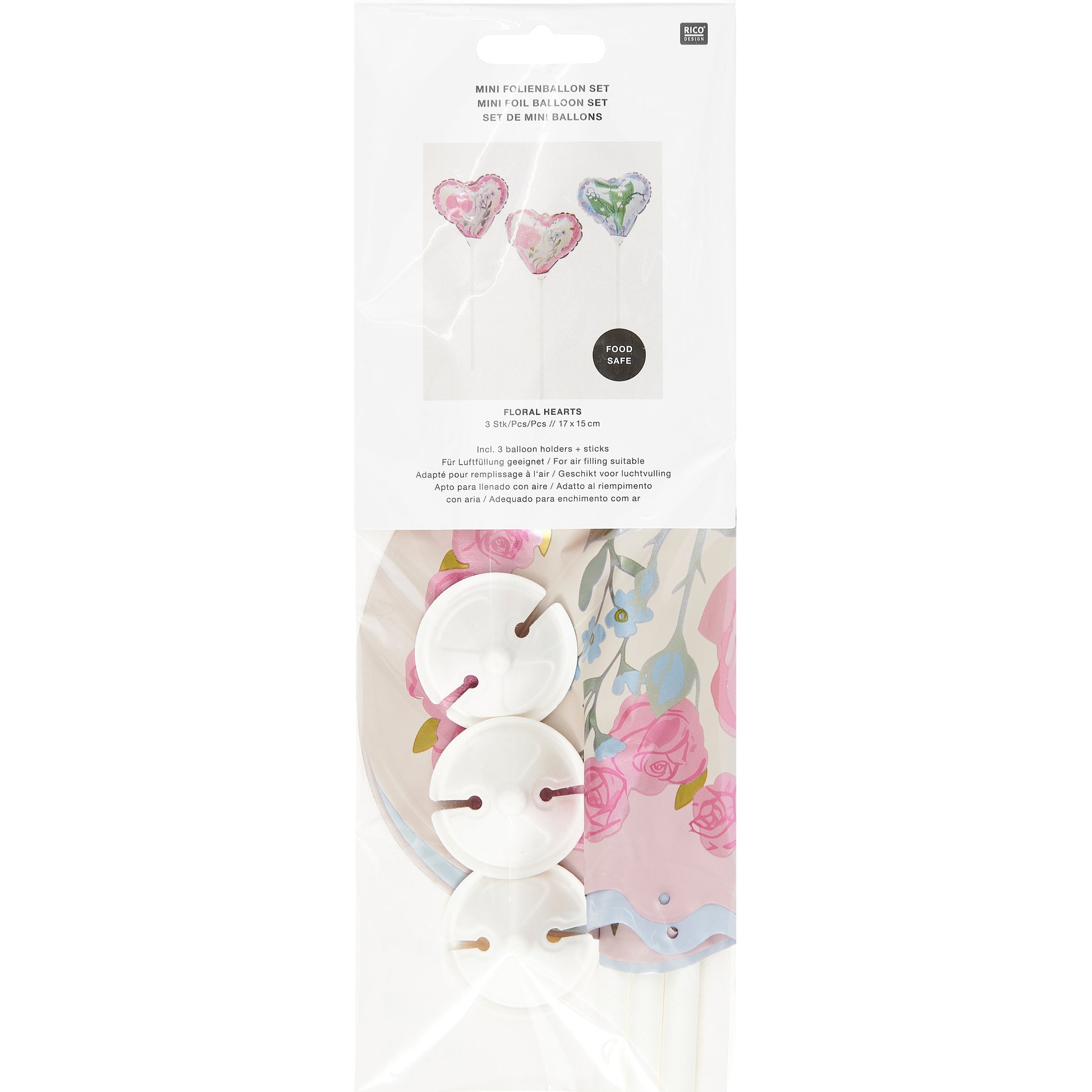 Rico design Folienballon Herzen mit Blumen – 17 × 15 cm – Folie – 3 Stk