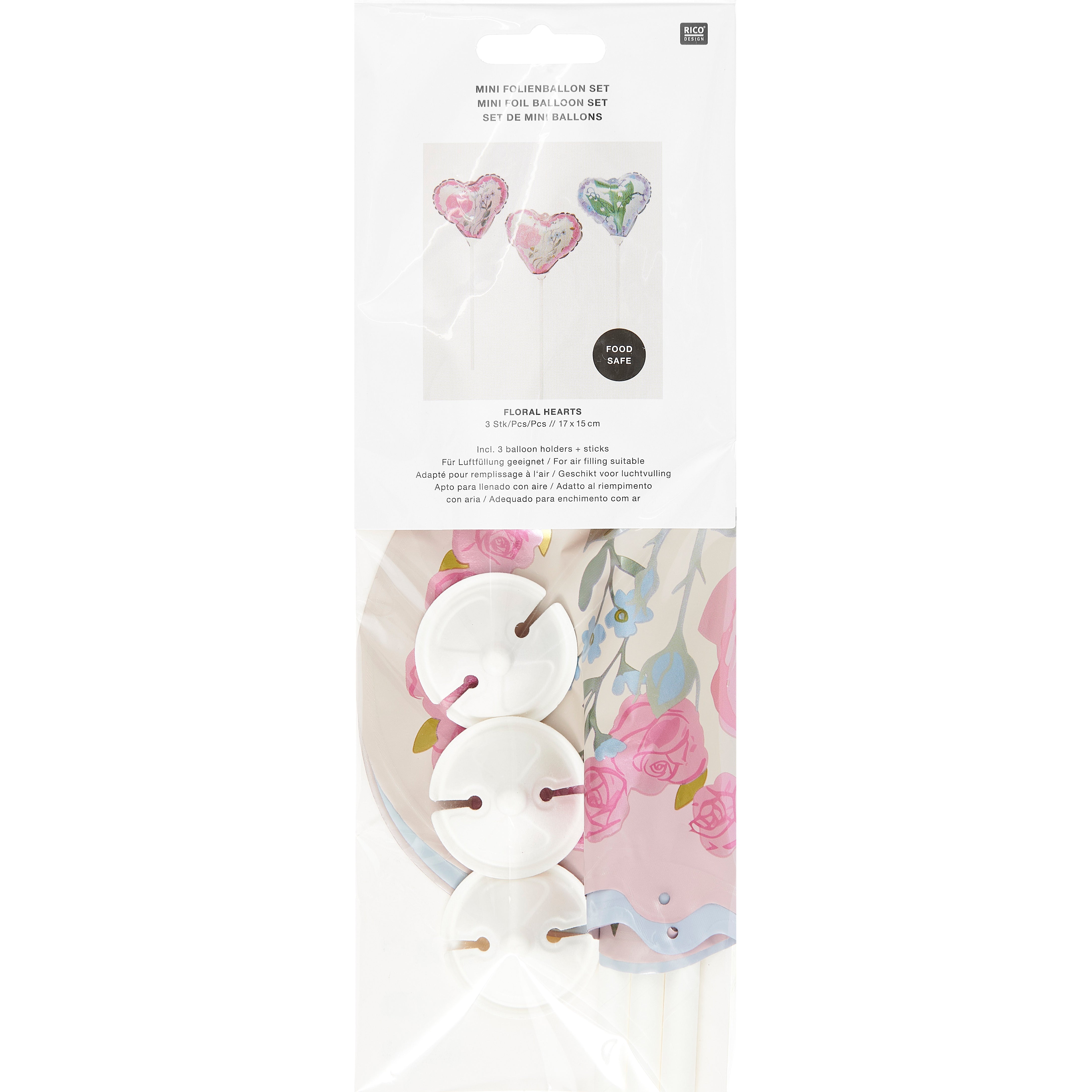 Rico design Folienballon Herzen mit Blumen – 17 × 15 cm – Folie – 3 Stk