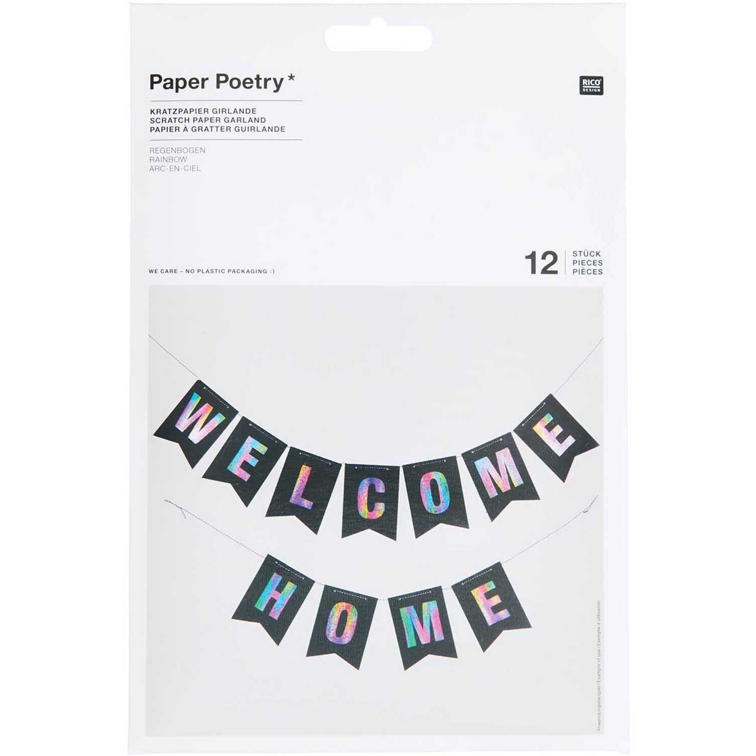 Rico Design Girlande Kratzpapier – schwarz – 13,2 × 18,2 cm – Papier – mit Baumwollband und Holzkratzer