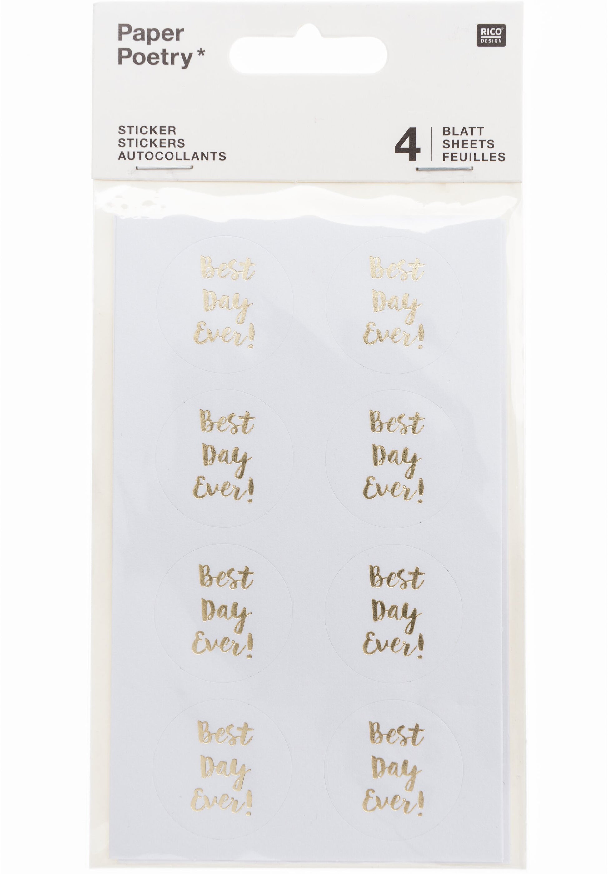 Rico design Sticker – 9,5 × 19 cm, Best Day Ever, weiss, goldener Schriftzug – 4 Bögen/32 Sticker