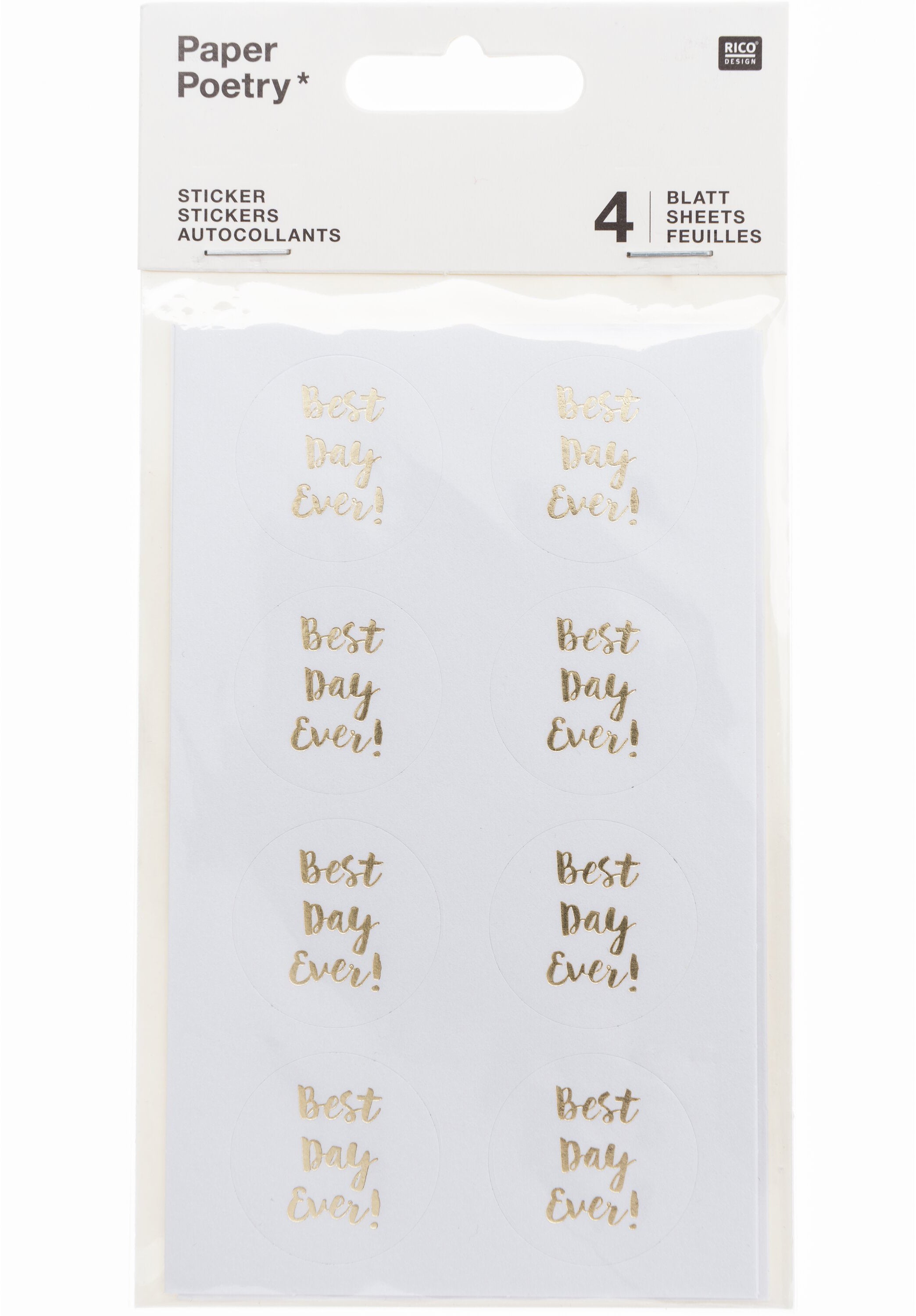 Rico design Sticker – 9,5 × 19 cm, Best Day Ever, weiss, goldener Schriftzug – 4 Bögen/32 Sticker