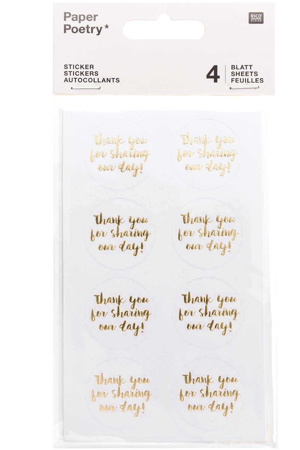 Rico design Sticker, Thank you, weiss/gold, 4 Bögen