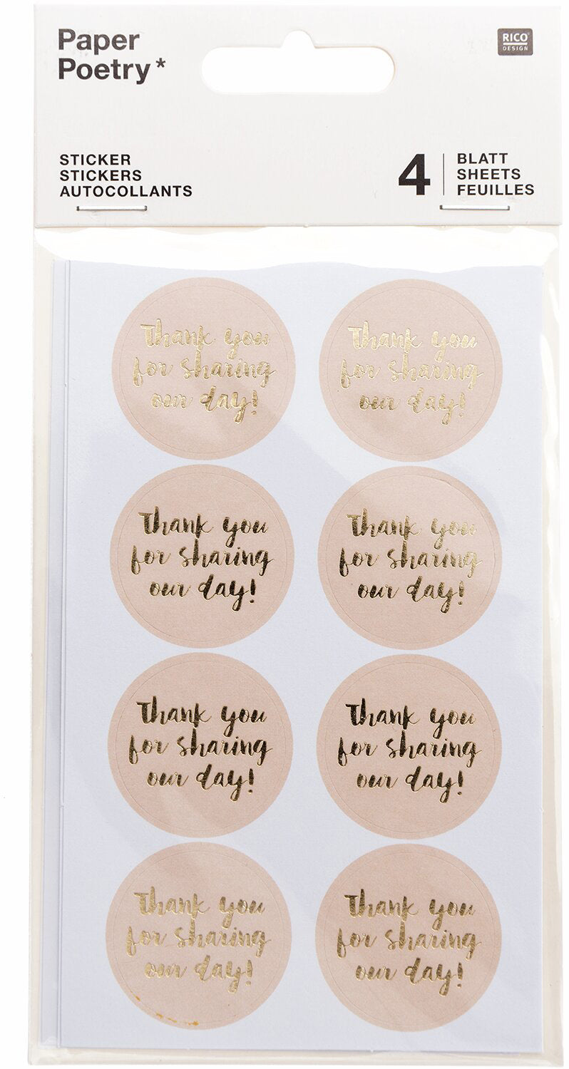 Rico Design Sticker – 9,5 × 19 cm, puder, Thank you – 4 Bögen/32 Sticker