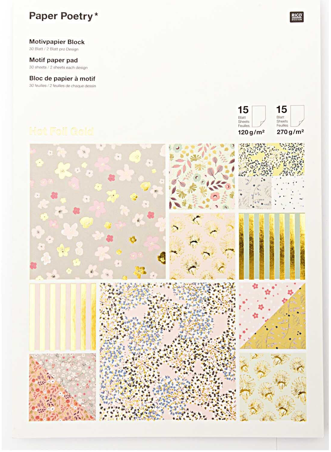 Rico Design Designpapierblock – A4, Bouquet Sauvage, 120–270 g/m² – beidseitig bedrucktes Papier, Hotfoil