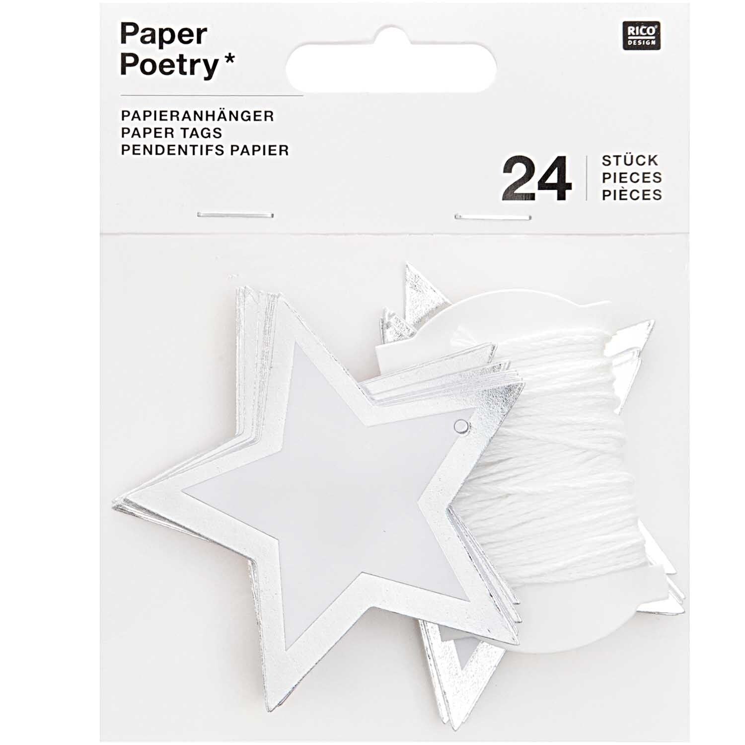 Rico design Geschenkanhänger Sterne, Papier, Heissfolienprägung, Silber – 100 × 125 mm