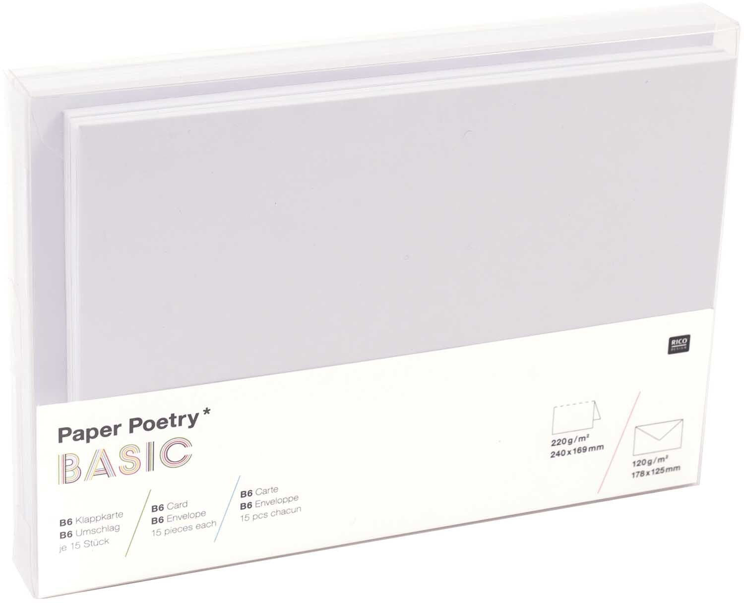Rico design Karten-Set mit Couverts – B6, Papier 210 g/m², Paper Poetry Basic, weiss