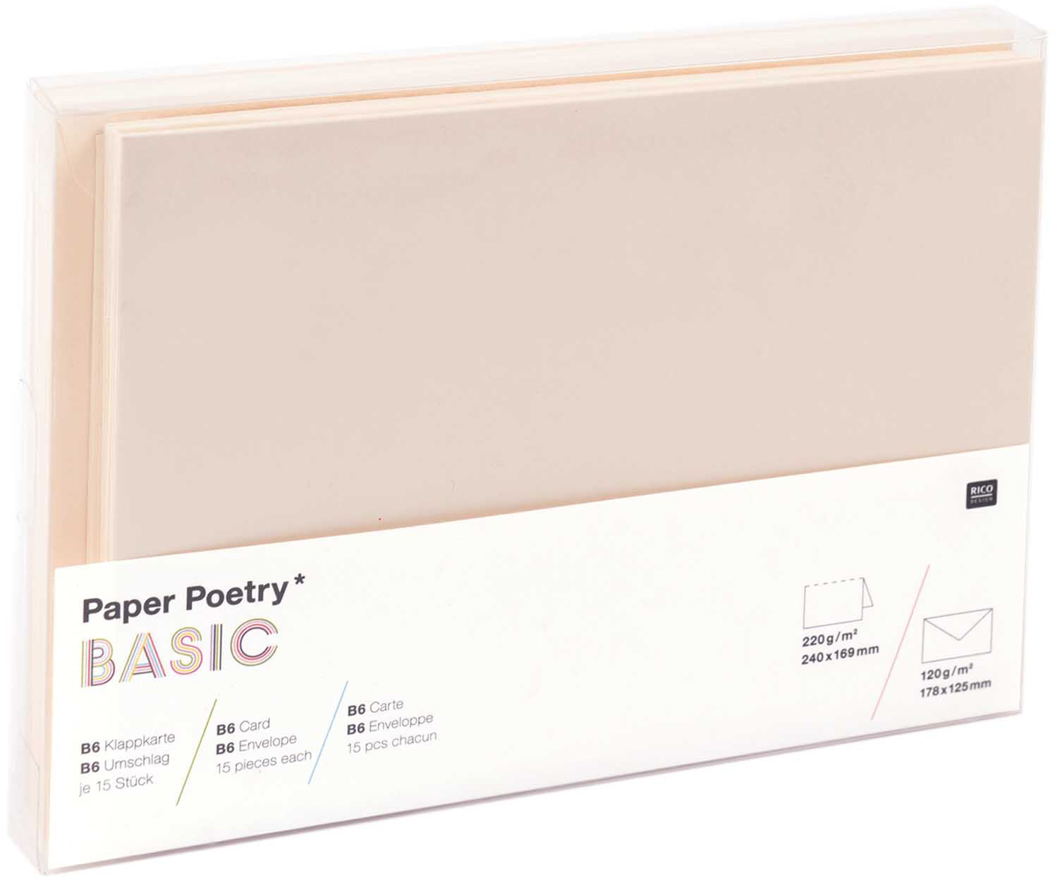 Rico design Karten-Set mit Couverts – B6, Papier 210 g/m², Paper Poetry Basic, Elfenbein – 12 Sets