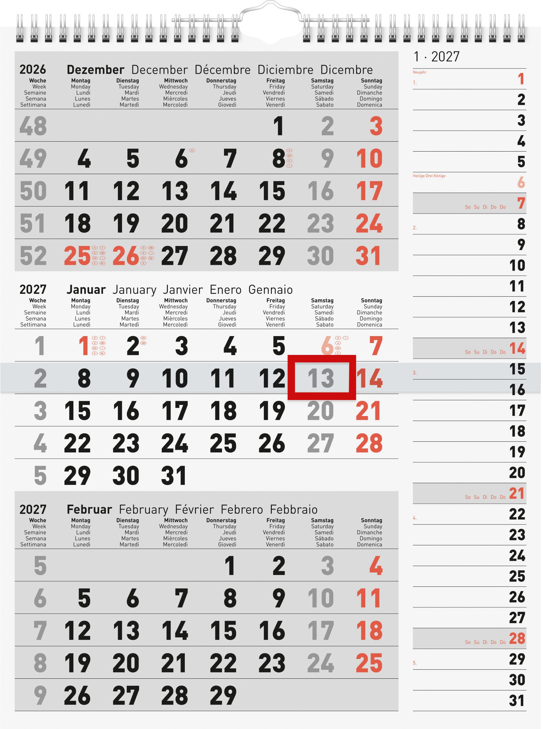 Ridoide Simplex – 3-Monats-Kalender, 2027, 30,2 × 39,5 cm, mit Datumschieber, mit Notizfeld