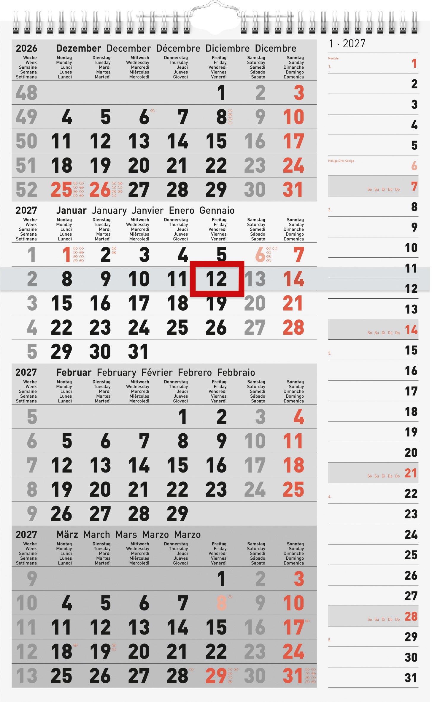 Ridoide 4-Monats-Kalender, 2027, 30 × 49,5 cm, Spiralbindung, mit Datumsschieber, Streifenkalender
