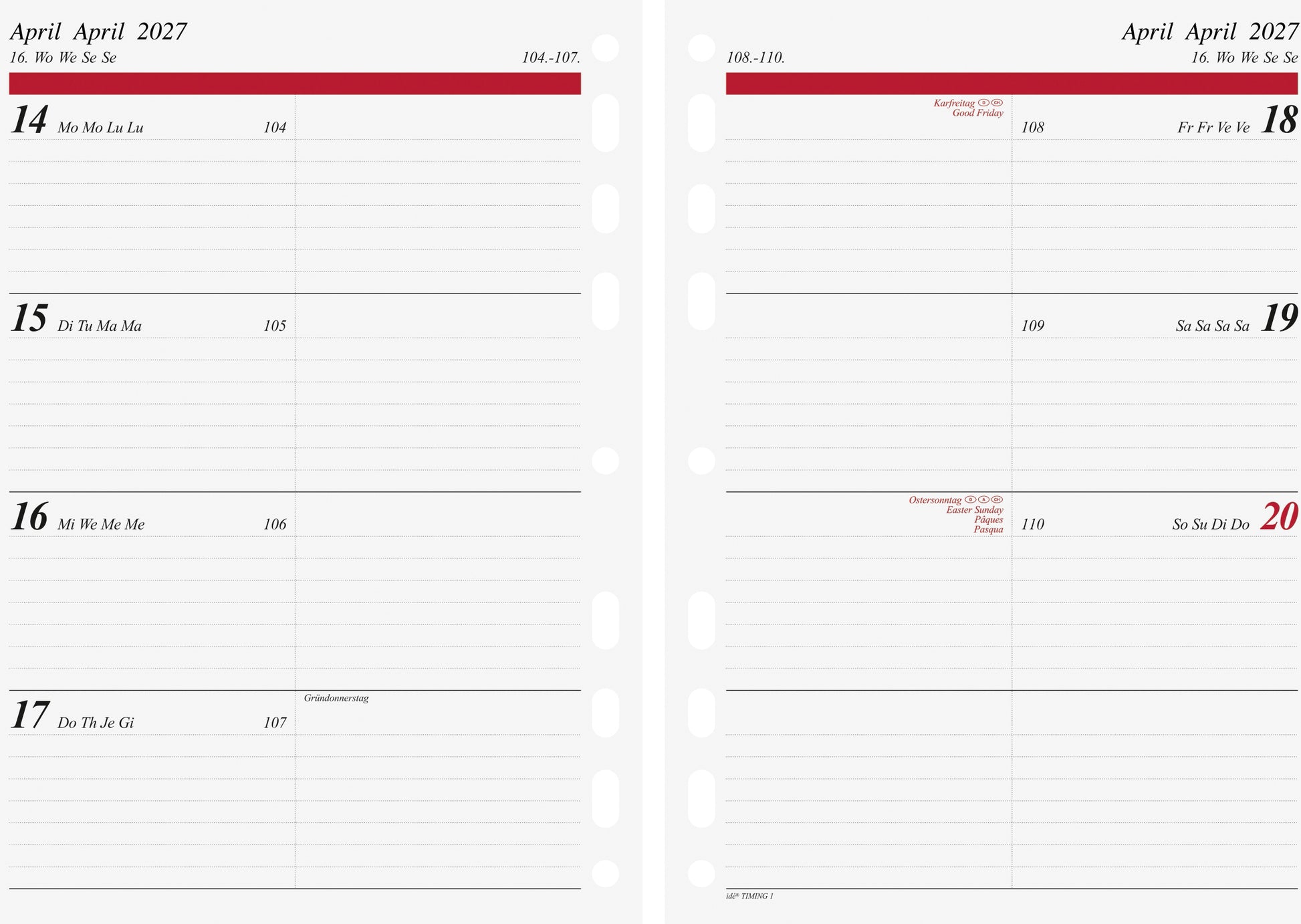 Ridoide Timing 1 – Kalendereinlage 2027, 1 Woche/2 Seiten, A5, für TIMING 1
