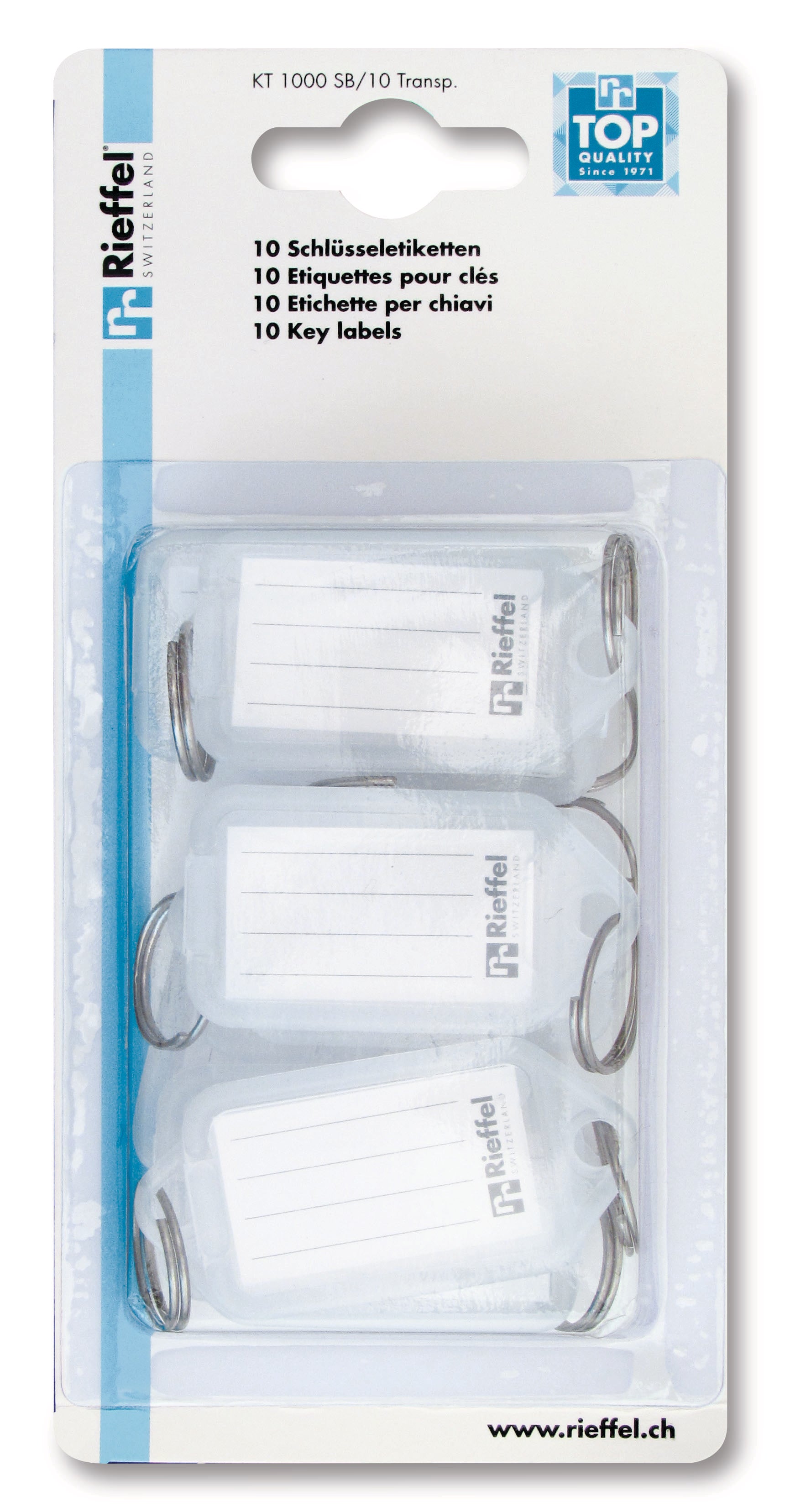 Rieffel Schlüsselschild KT 1000 – Beidseitig beschriftbar, Transparent, Beschriftungsfeld 38 × 22 mm, 10er-Pack