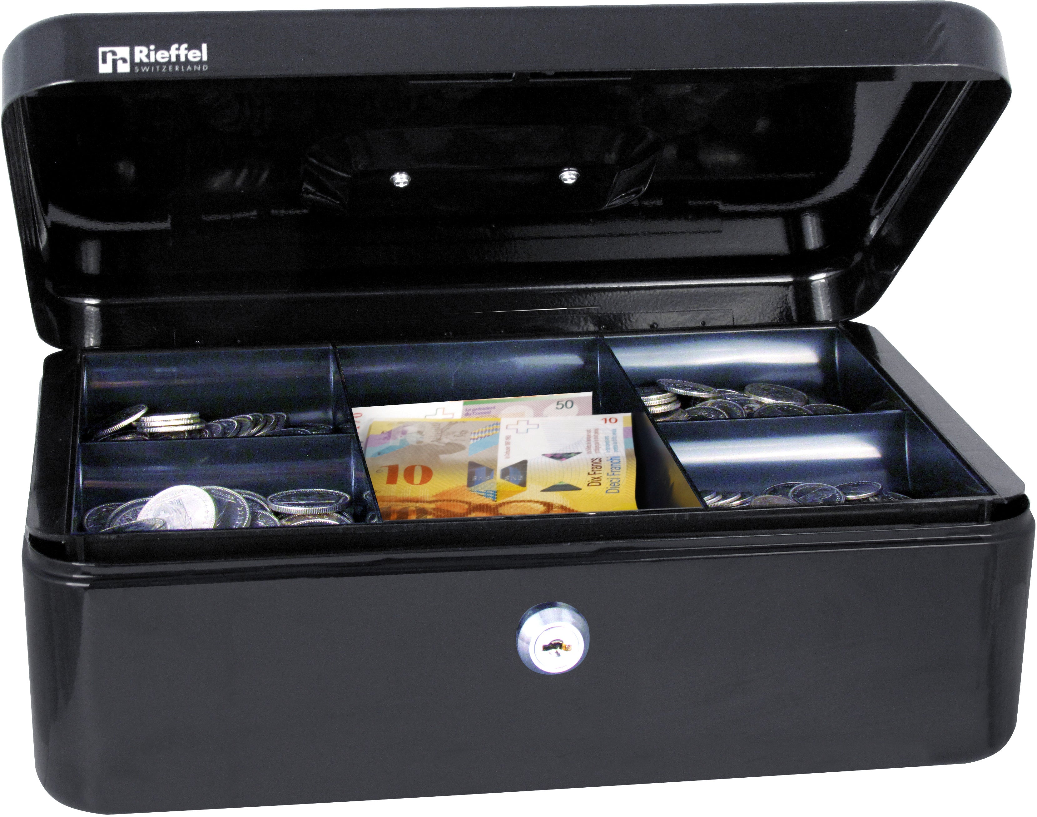 Rieffel switzerland Rieffel – Geldkassette mit herausnehmbarem Münzeinsatz, 216 × 302 × 108 mm, Schwarz
