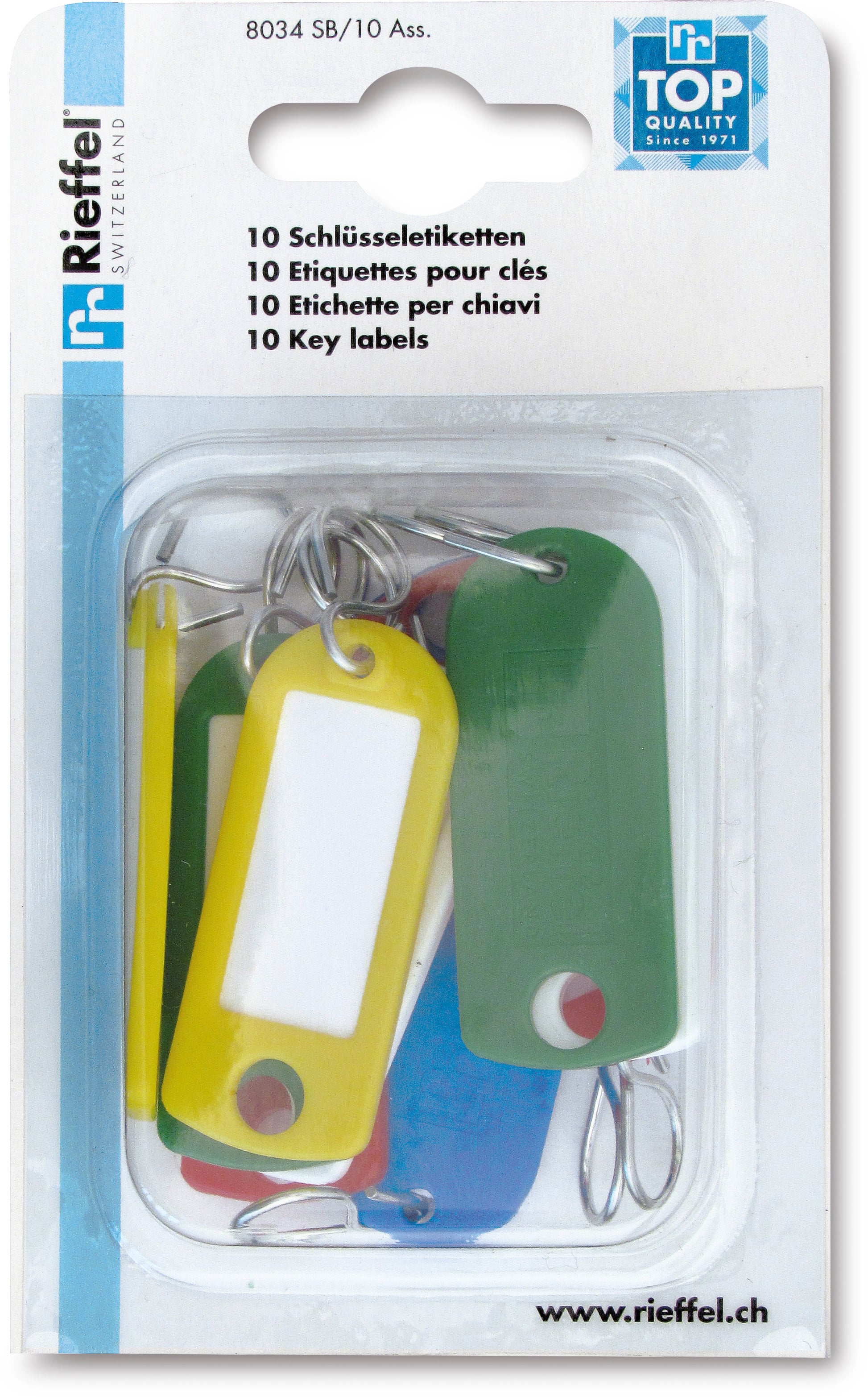 Rieffel Schlüsselschild – einseitig beschriftbar, mit S-Haken, Kunststoff, mehrfarbig, Breite 25 mm, 6er-Pack