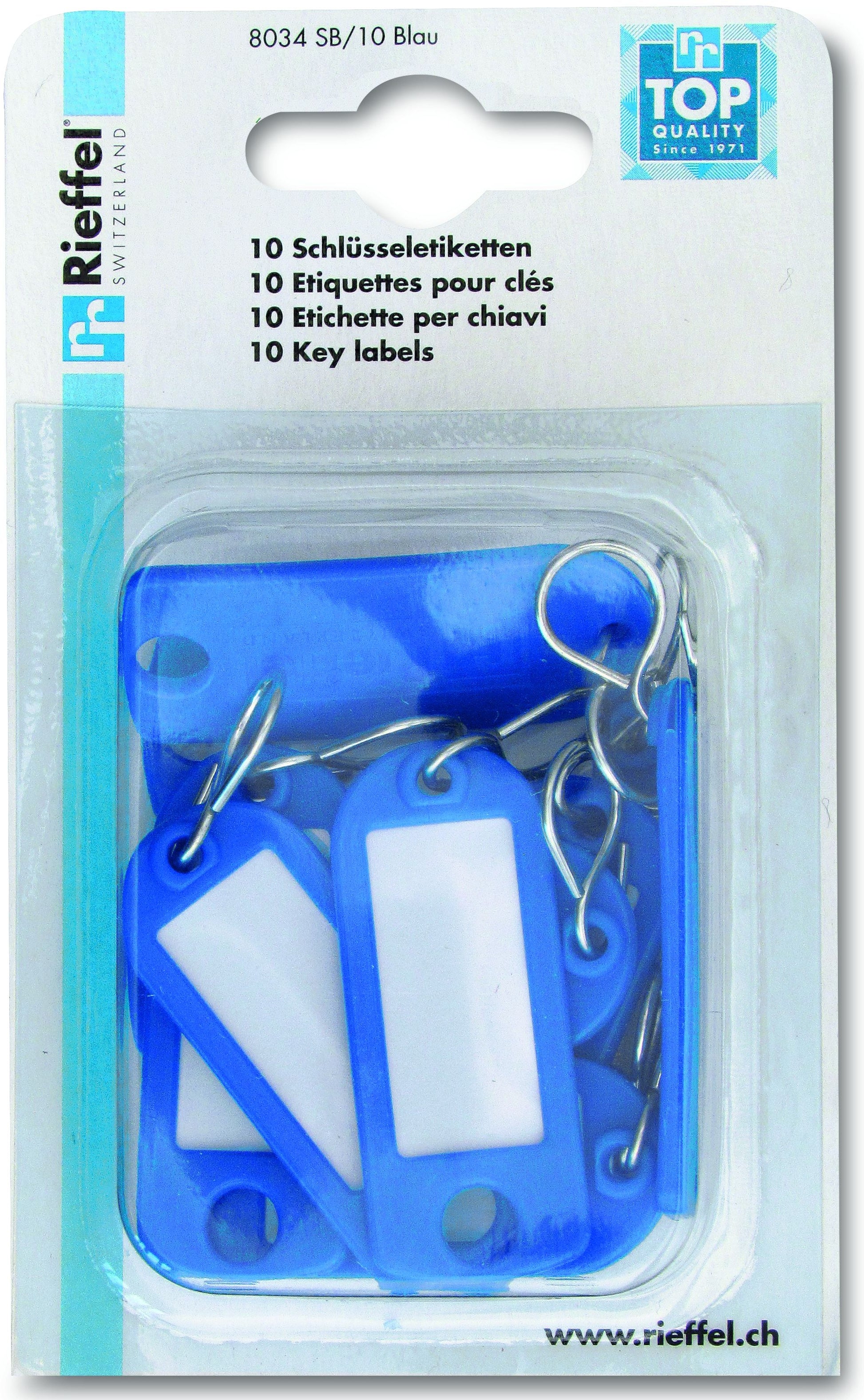 Rieffel Schlüsselschild – einseitig beschriftbar, S-Haken, Blau, 22 × 55 mm, 10er-Pack