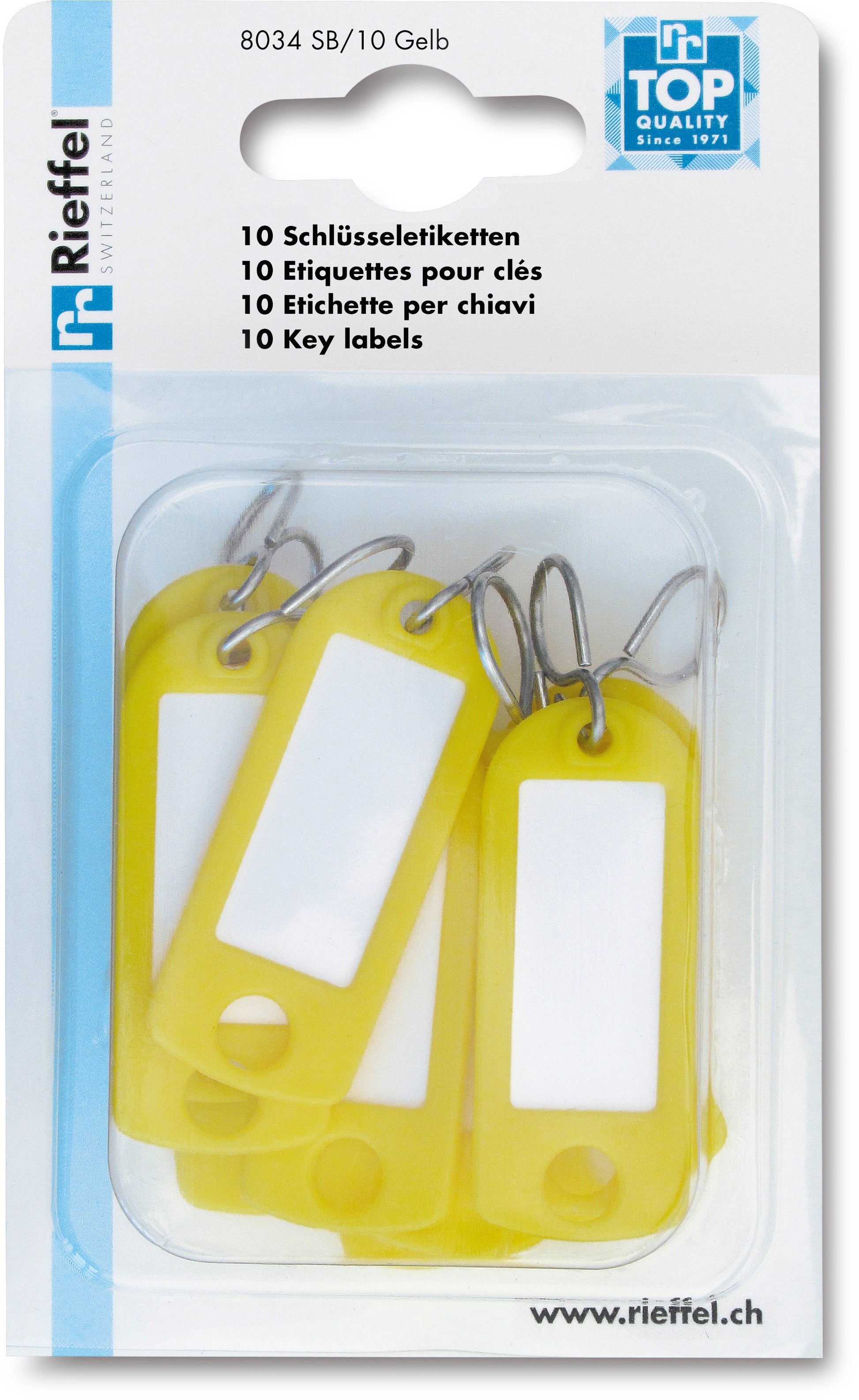 Rieffel Schlüsselschild – beschriftbar, mit S-Haken, Kunststoff, gelb, 10er-Pack