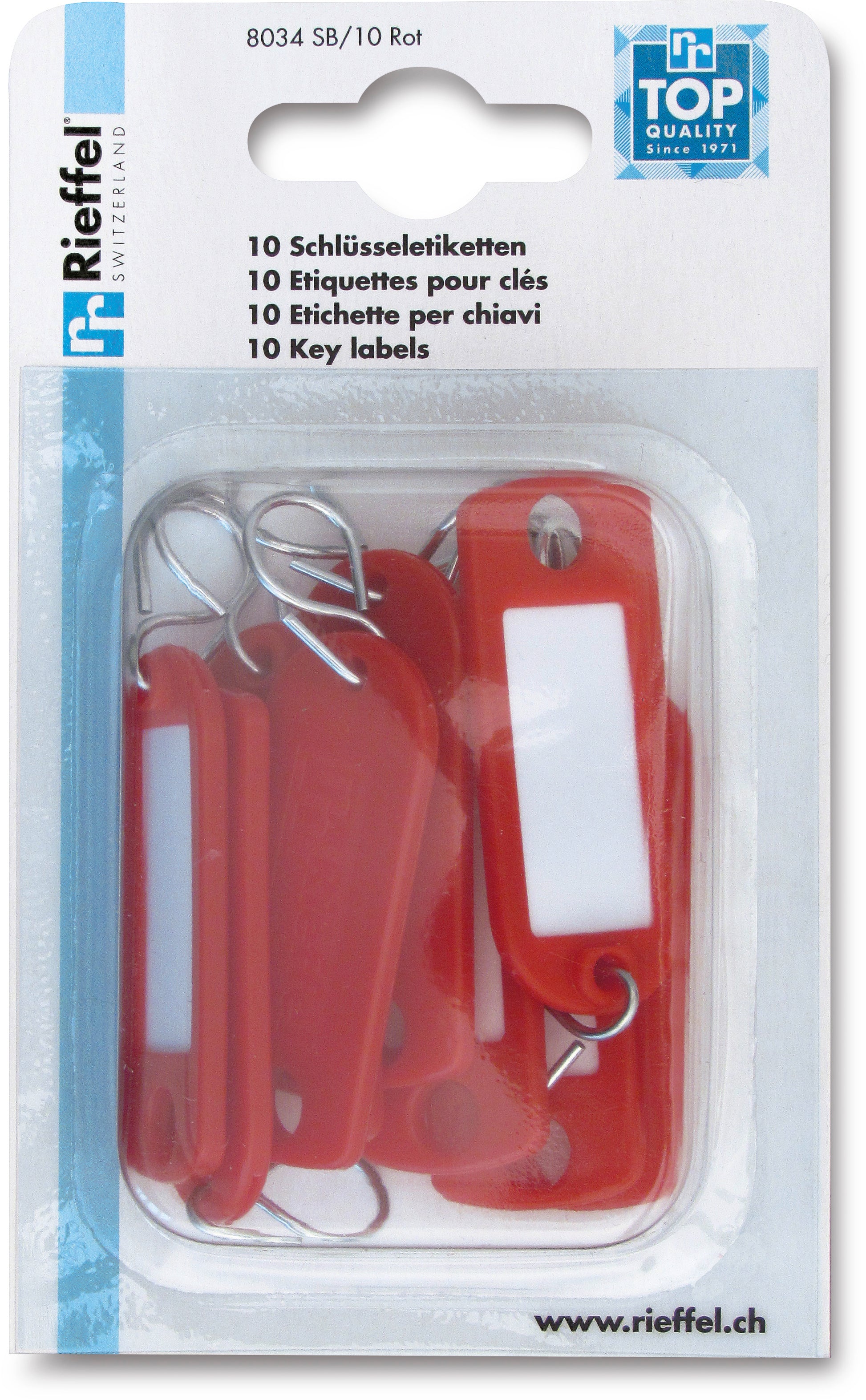 Rieffel Schlüsselschild – beschriftbar, mit S-Haken, Kunststoff, rot, 10er-Pack