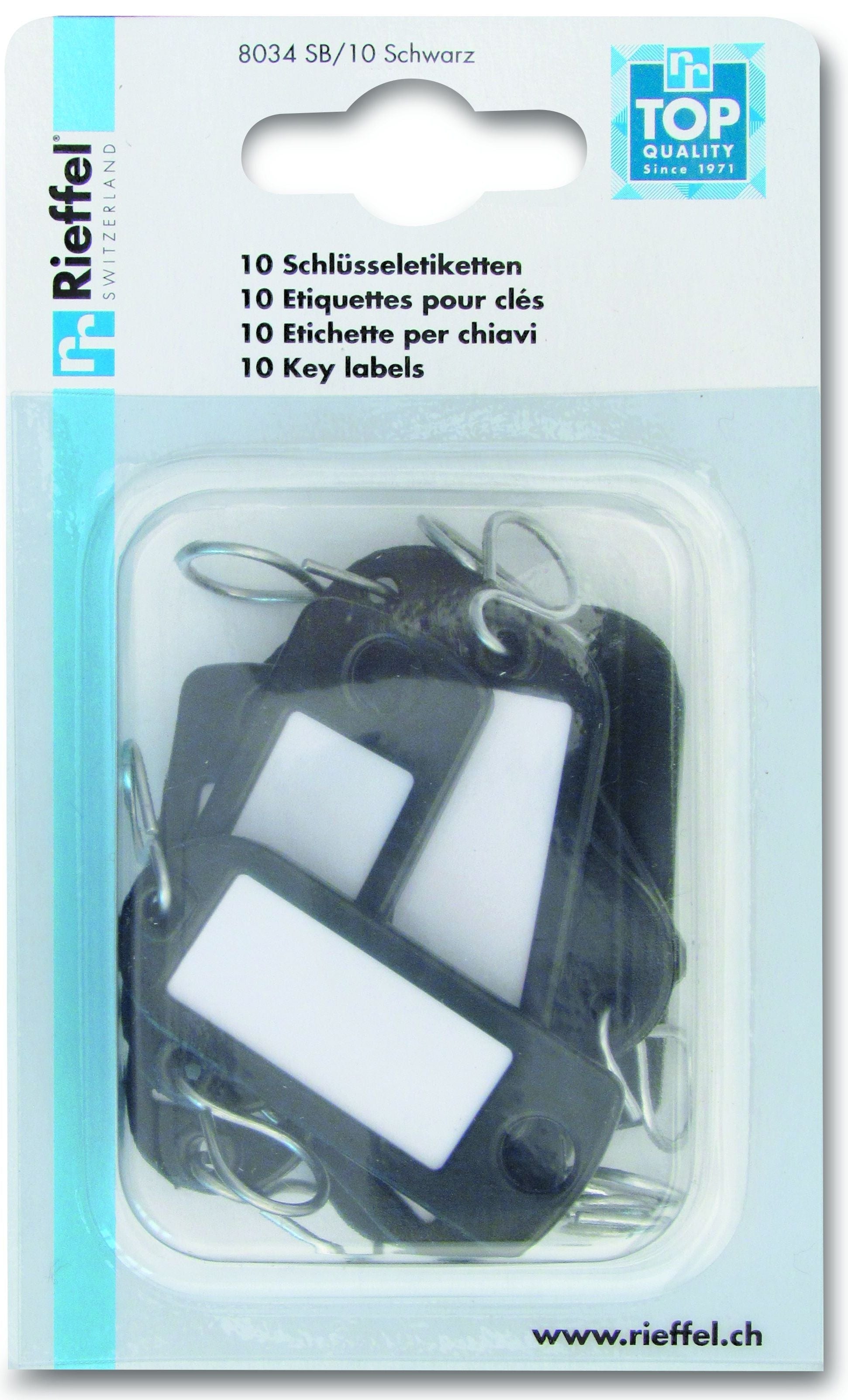Rieffel Schlüsselschild – einseitig beschriftbar, S-Haken, schwarz, 22 × 55 mm, 10er-Pack