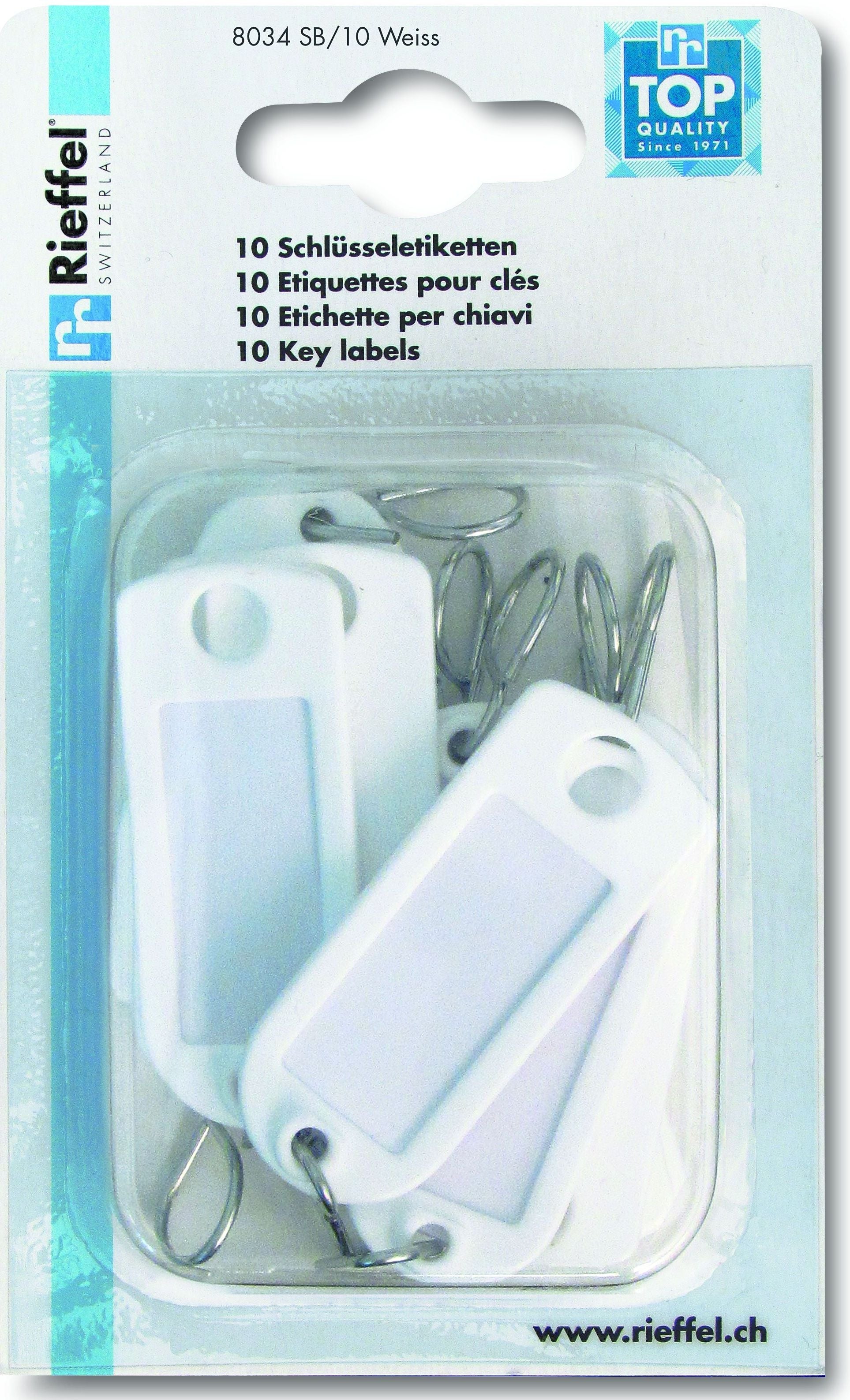 Rieffel Schlüsselschild – einseitig beschriftbar, mit S-Haken, weiss, 22 × 55 mm, 10er-Pack