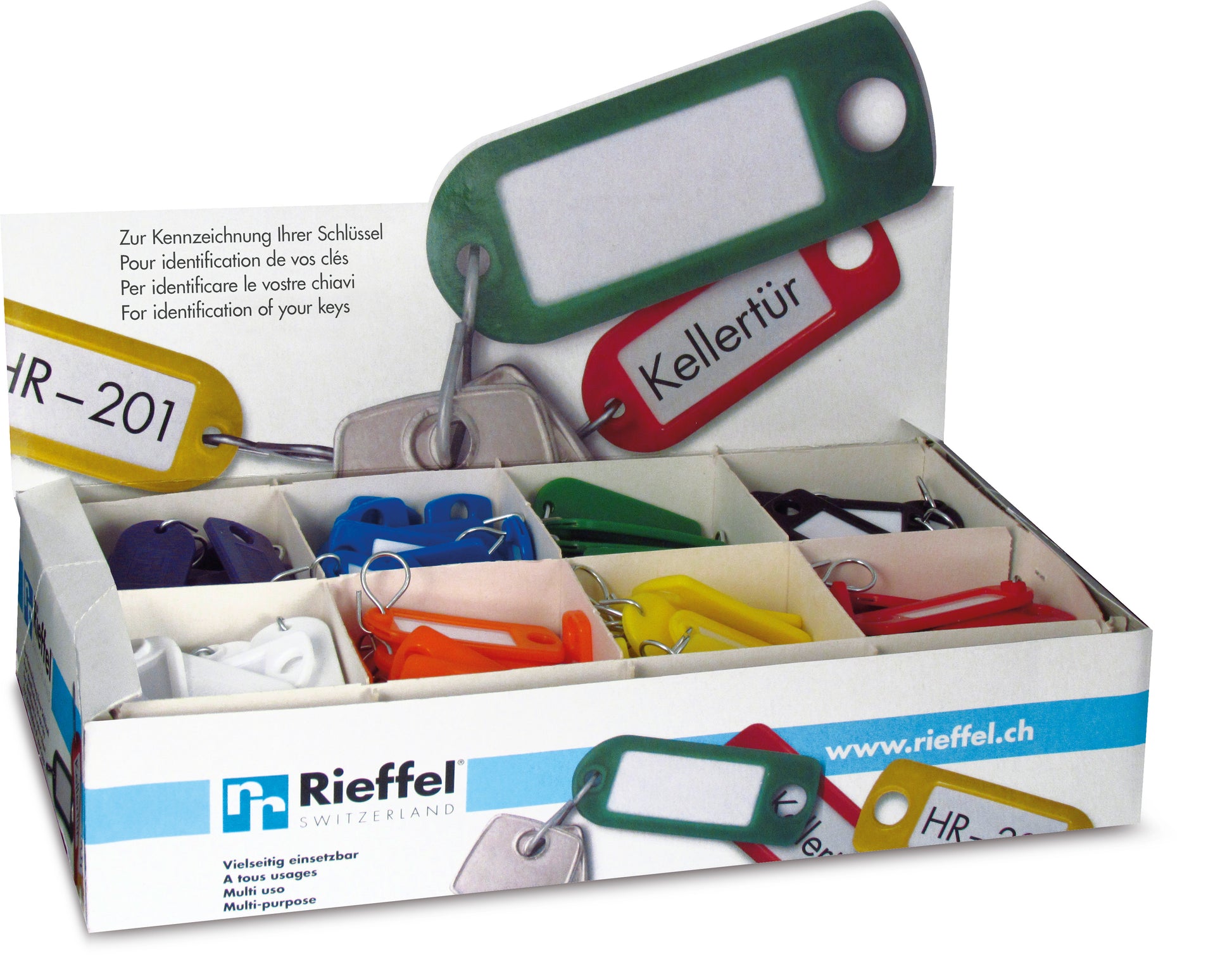 Rieffel Schlüsselschild – beschriftbar, mit S-Haken, Kunststoff, mehrfarbig, 22 × 55 mm, 200er-Pack