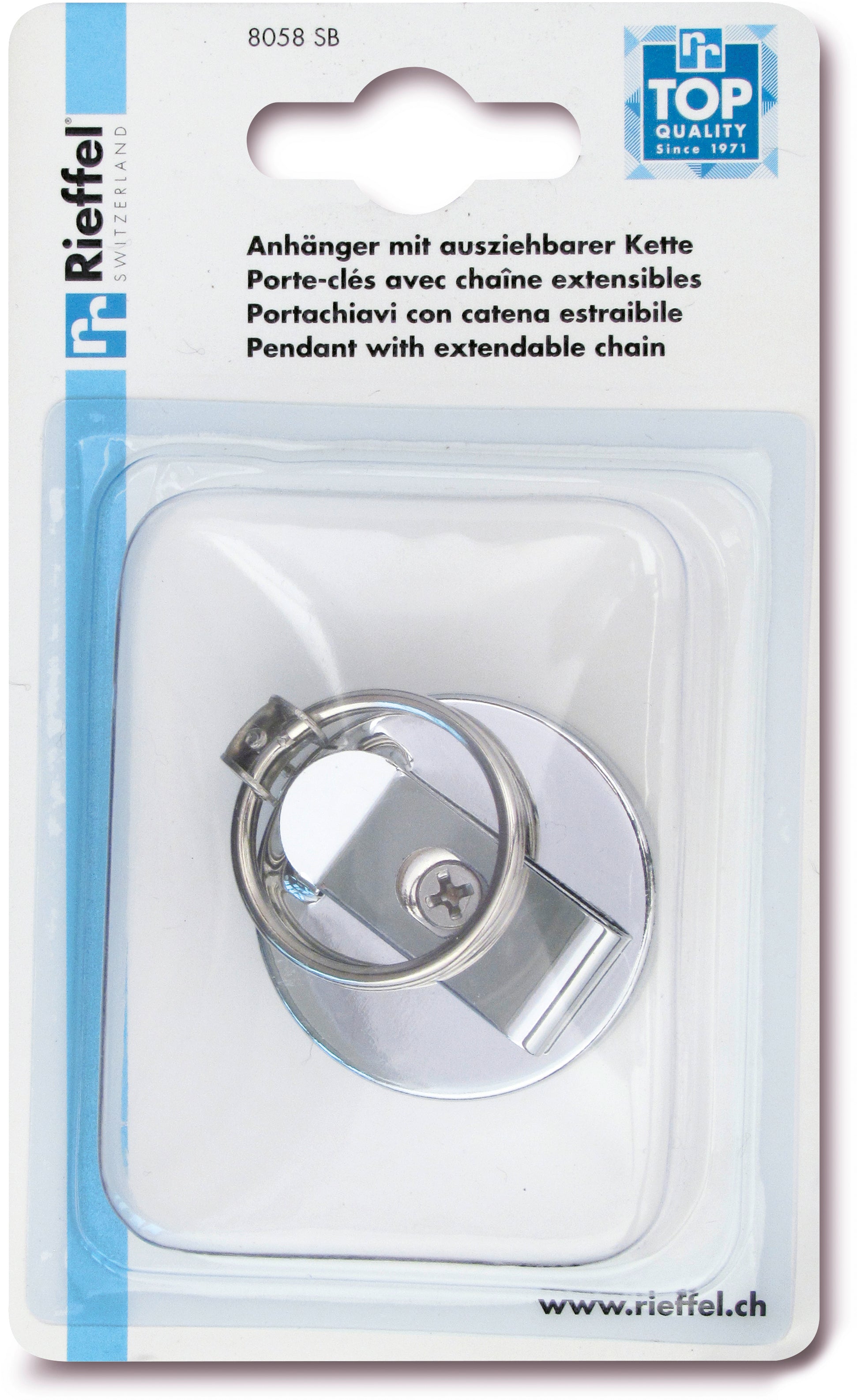 Rieffel Schlüsselanhänger KyStor A20991 – ausziehbare Kette, Befestigungsklammer, Metall, Silber, Ø 43 mm