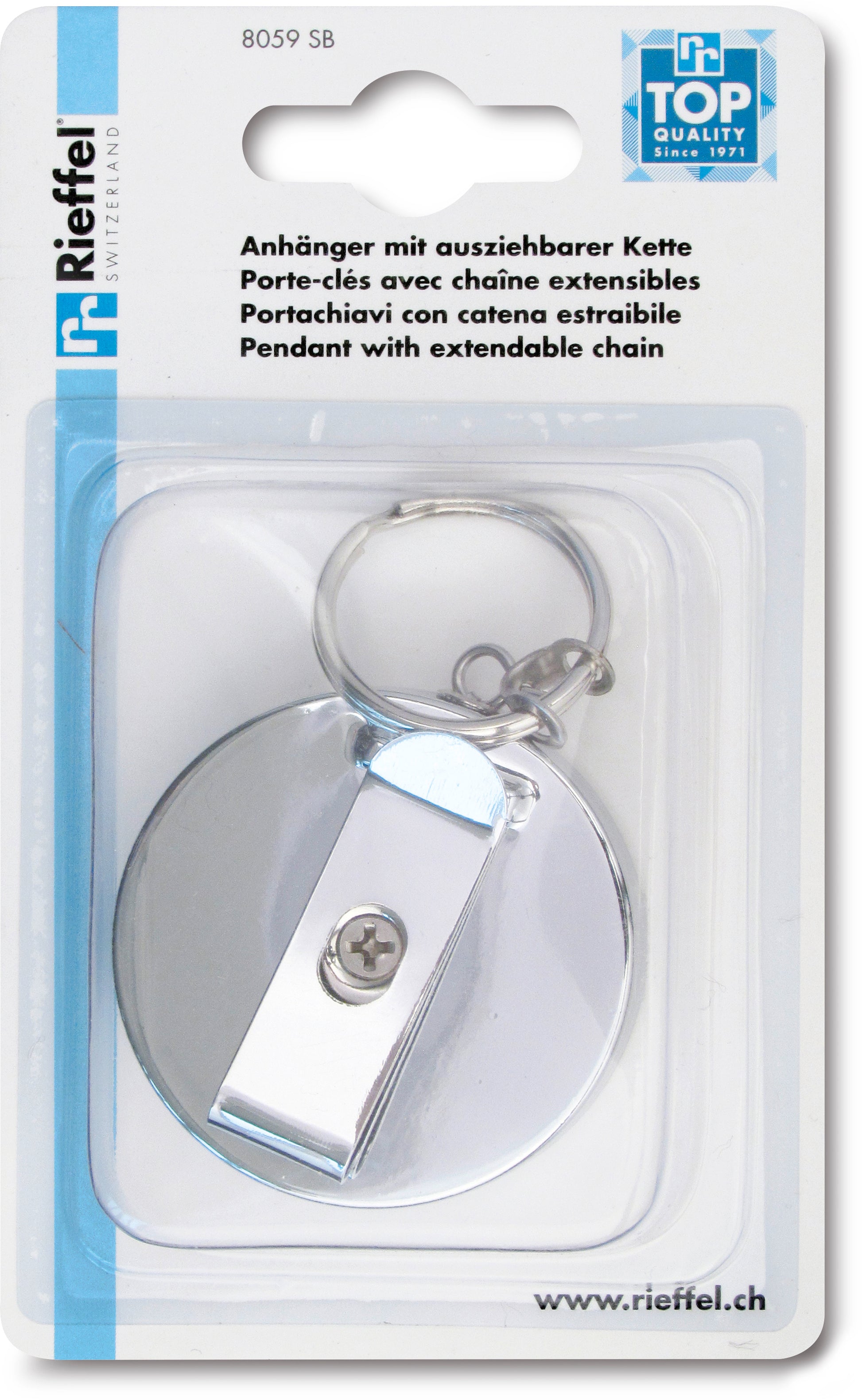 Rieffel Schlüsselanhänger – ausziehbare Kette mit Befestigungsklammer, Metall, Silber, Ø 50 mm