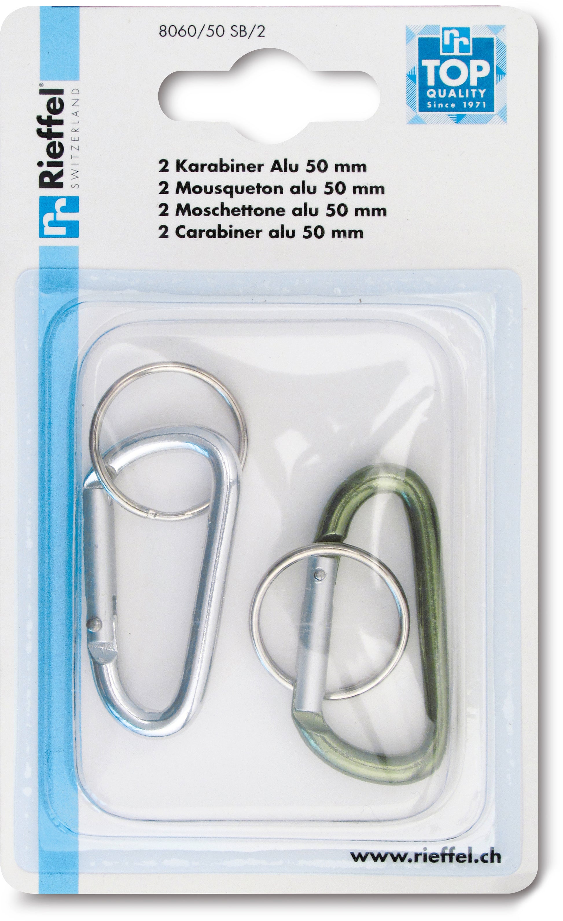 Rieffel Schlüsselanhänger Karabiner – Aluminium, Grün/Silber, 50 mm