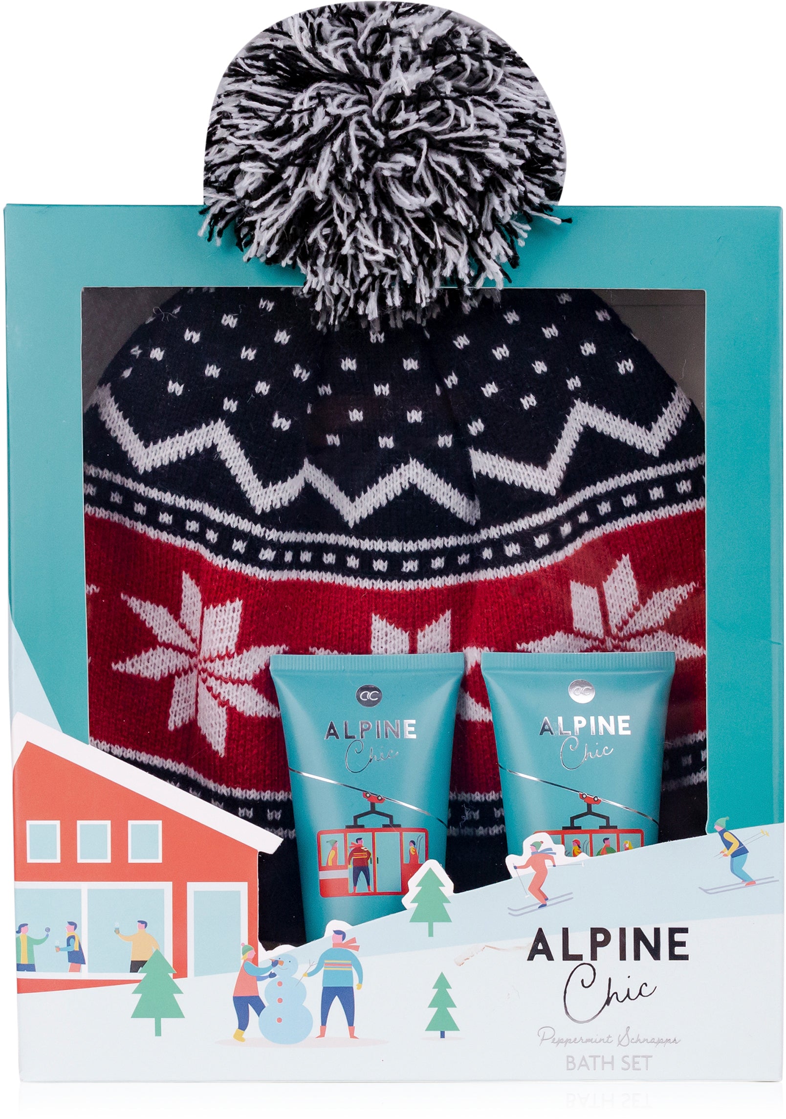ROOST Badeset Alpine Chic 6052258 – 60 ml Duschgel & 60 ml Bodylotion, inkl. Strickmütze, Geschenkbox