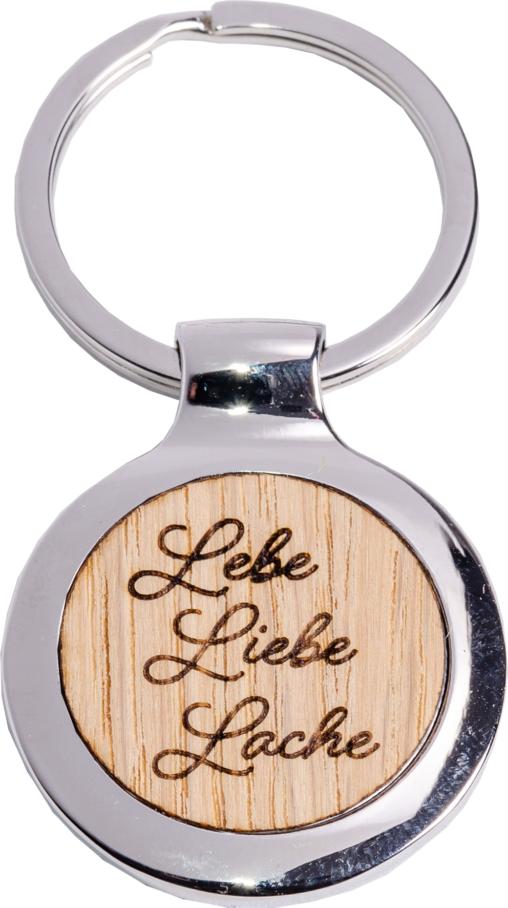 ROOST Schlüsselanhänger Lebe Liebe Lache – nickelfrei, rund, Echtholz/Chrom, 55 × 110 mm