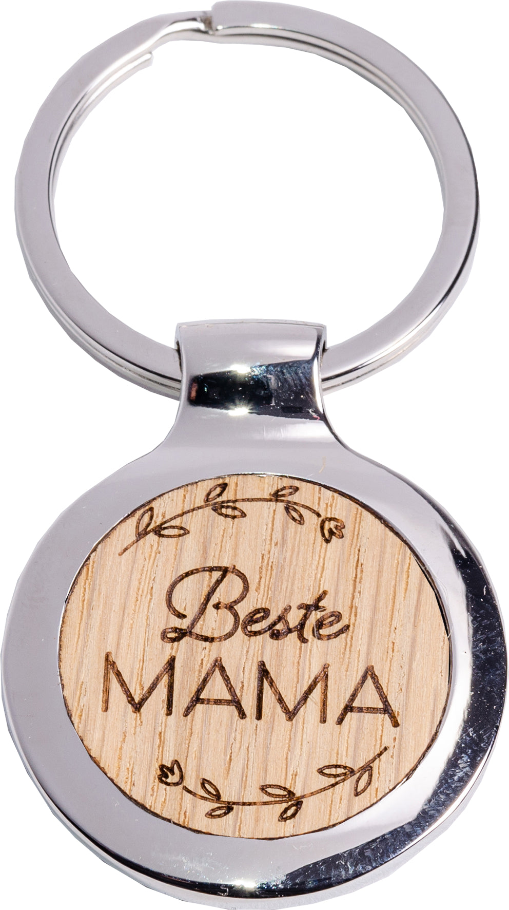 ROOST Schlüsselanhänger Beste Mama – rund, nickelfrei, Echtholz/Chrom, 35 × 35 mm