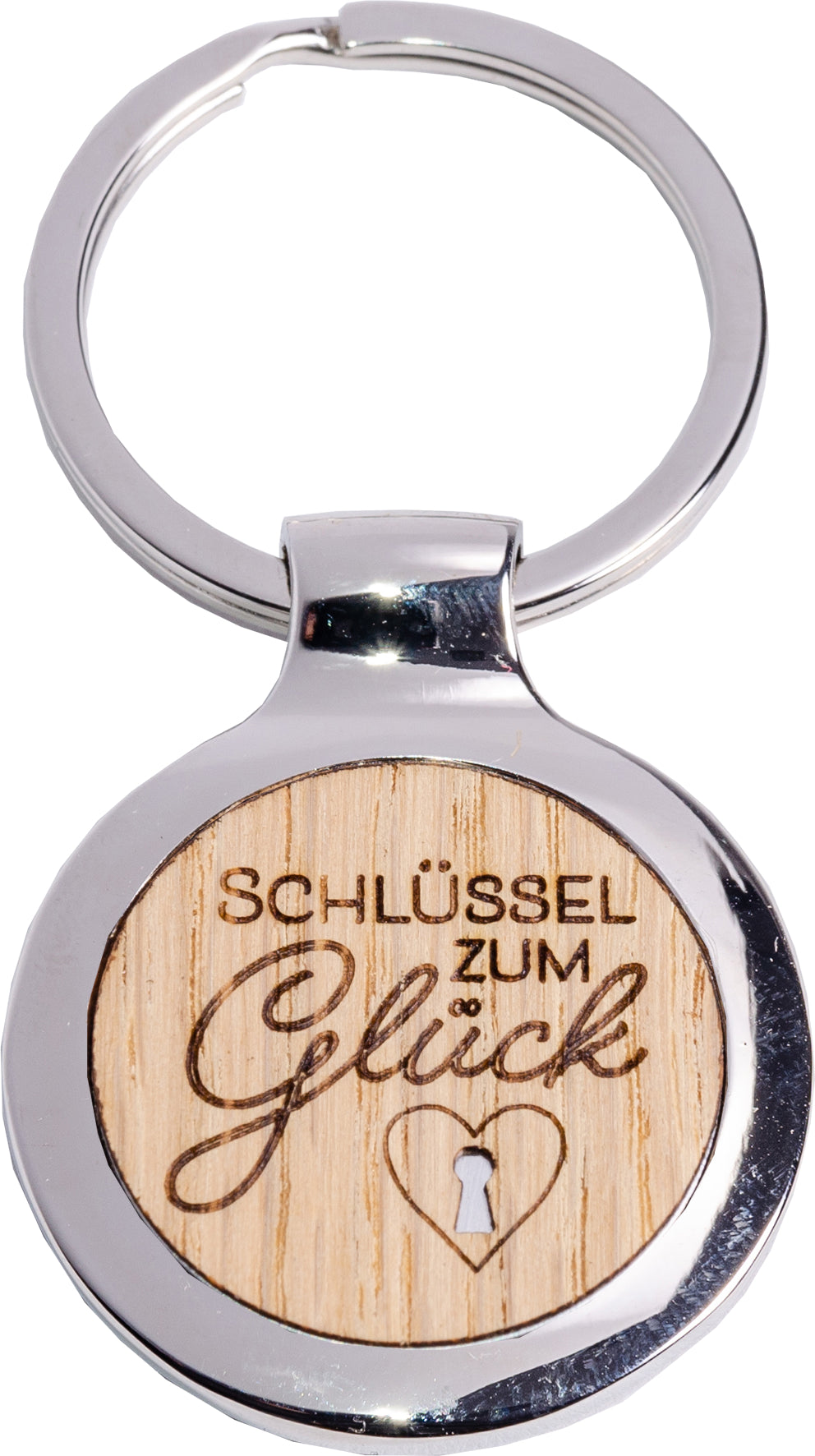 ROOST Schlüsselanhänger Schlüssel zum Glück – rund, Echtholz/Chrom (nickelfrei), 35 × 35 mm