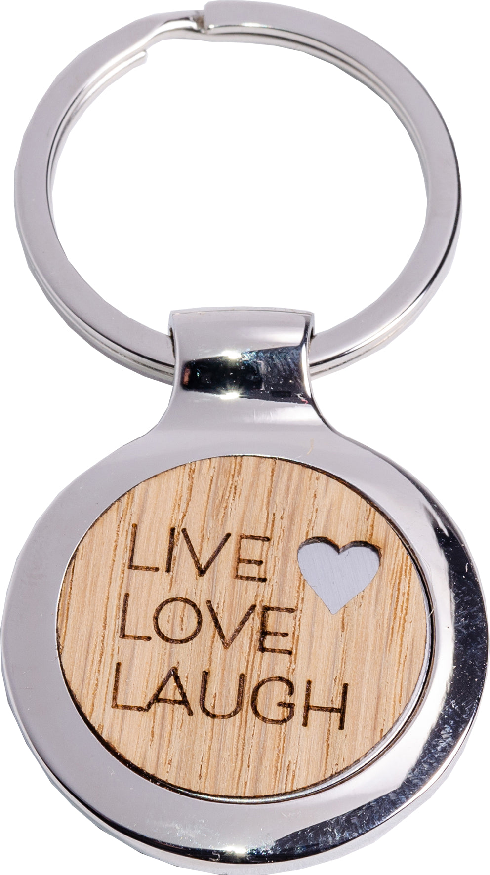 ROOST Schlüsselanhänger Live Love Laugh – rund, Echtholz/nickelfreies Chrom, Ø 55 mm