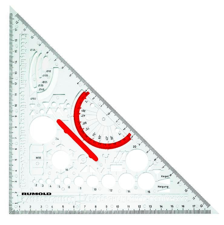 Rumold Techno Geodreieck, 26,9 cm, 180° – mit abnehmbarem Griff, mit Tuschenoppen – Metall