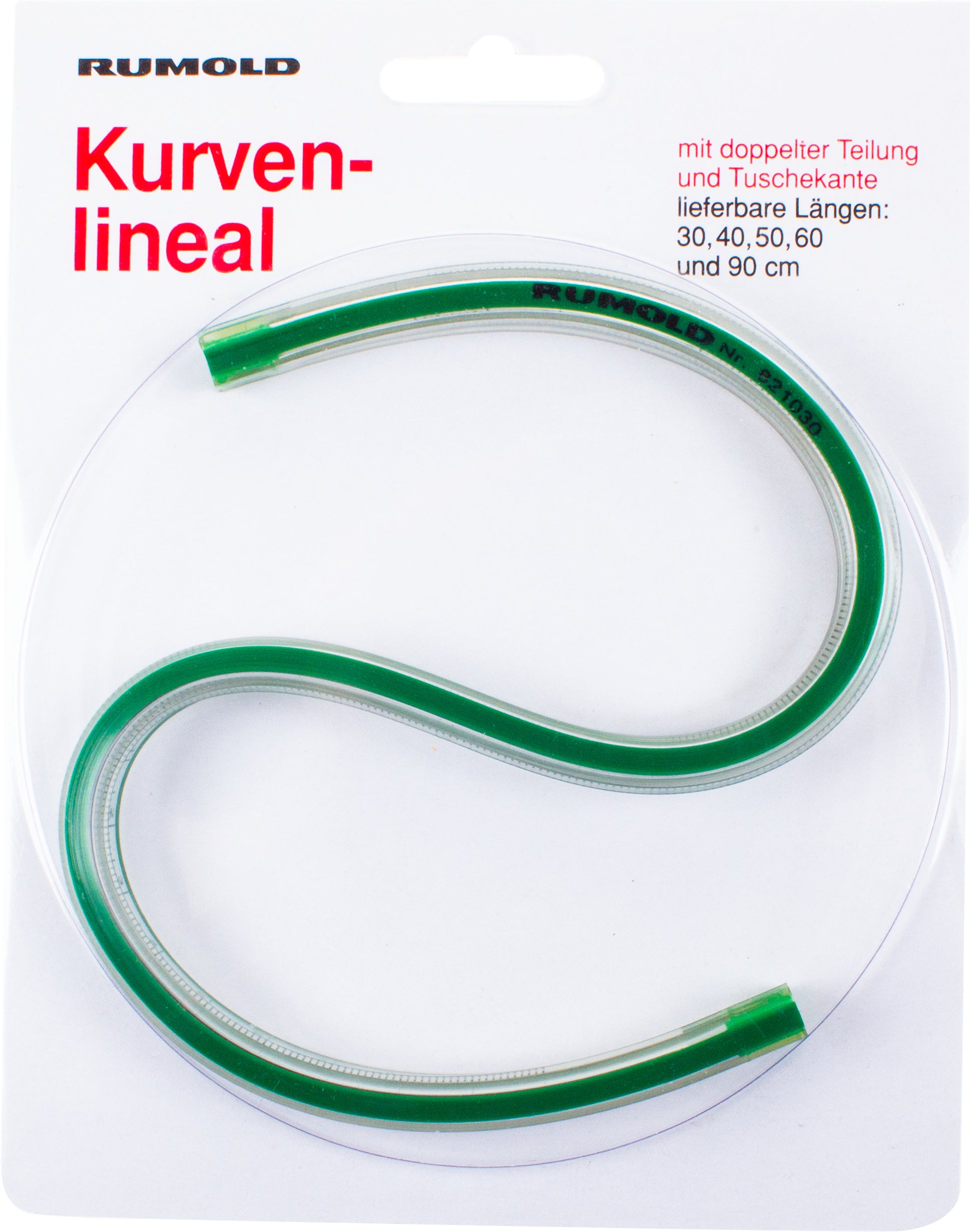 Rumold Kurvenlineal – 13,8 cm – Kunststoff – Tuschekante, flexibel – Skala mm – Grün