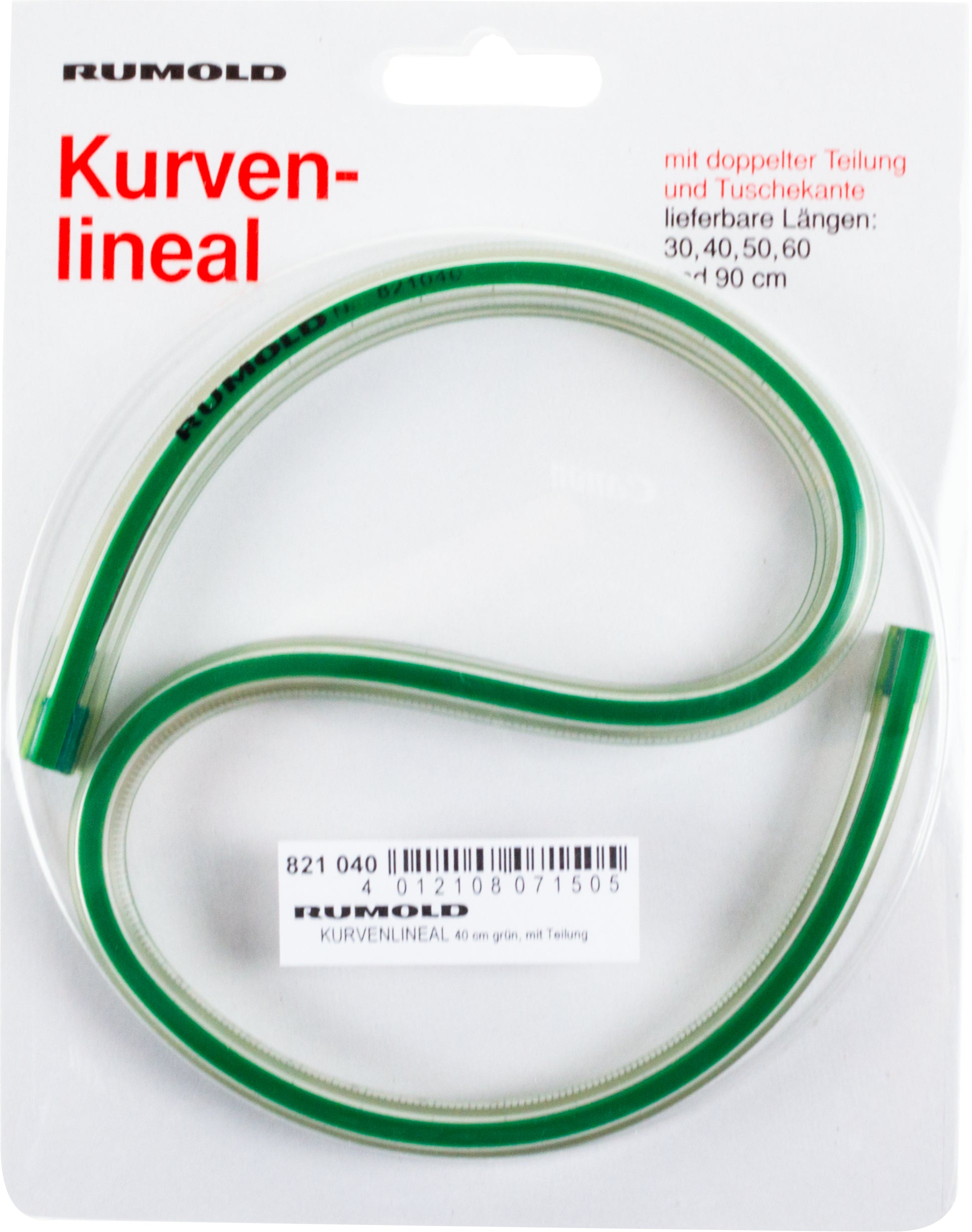 Rumold Kurvenlineal – 13,7 cm – flexibel, Tuschekante – Skala mm – grün