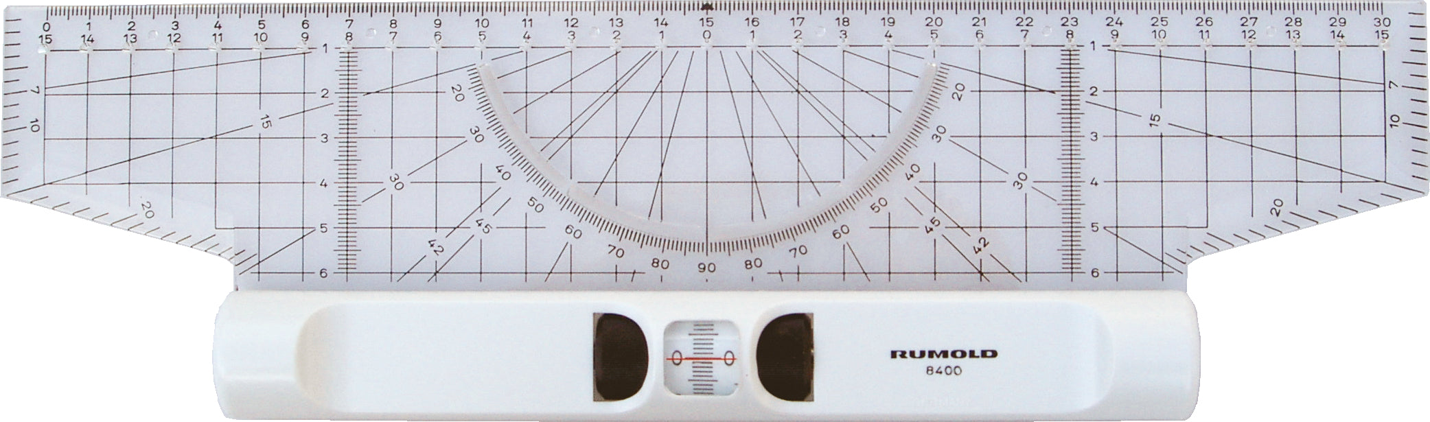 Rumold Rollendes Lineal – 35,4 cm – Winkelmesser-Einteilung, Tuschekante – Kunststoff