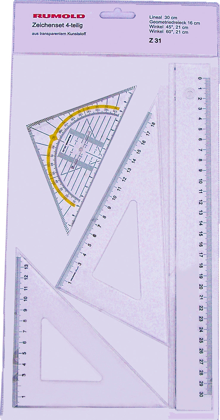 Rumold Zeichen-Set, 4-teilig – Lineal 30 cm, Dreieck 16 cm (45°), Winkel 21 cm (45°/60°) – Kunststoff