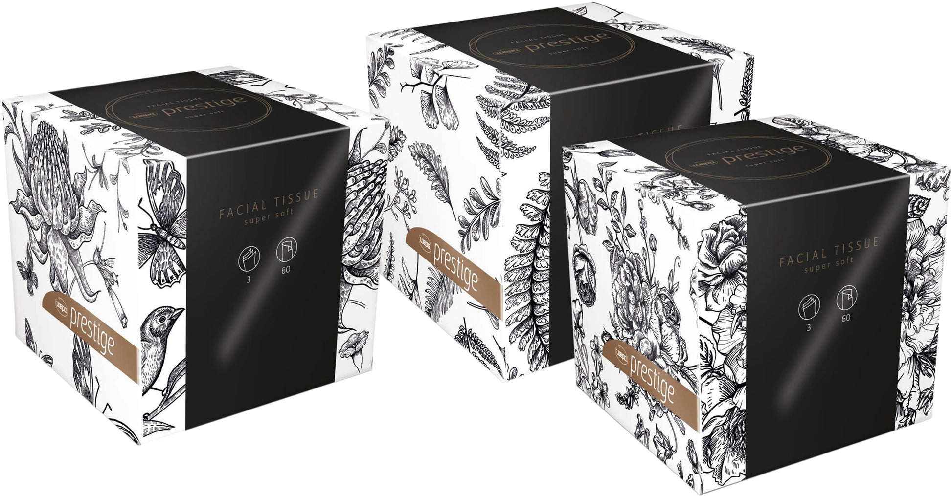 Satino Prestige Kosmetiktücher Würfelbox – 3-lagig, Zellstoff, hochweiss – 60 Tücher – FSC