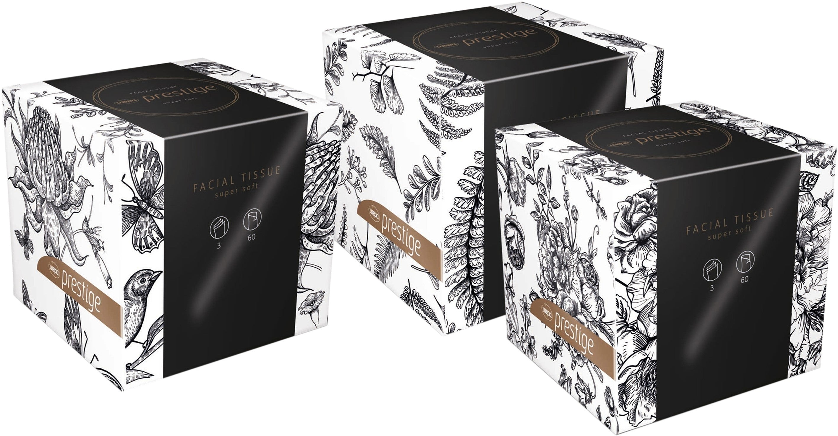Satino Prestige Kosmetiktücher Würfelbox – 3-lagig, Zellstoff, hochweiss – 60 Tücher – FSC