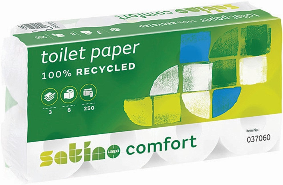Satino Comfort Toilettenpapier – 3-lagig, Recycling, 250 Blatt/Rolle – 8 Rollen