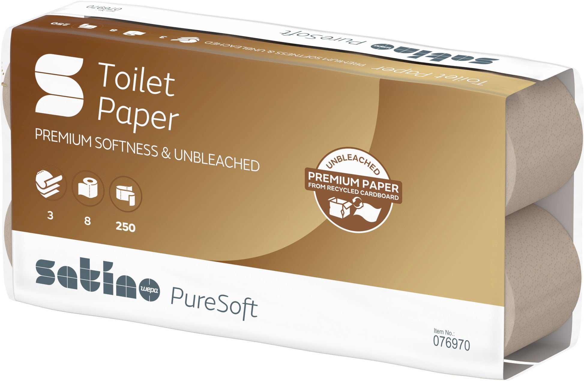 Satino PureSoft Toilettenpapier – 3-lagig, Recycling, Blattgrösse 94 × 110 mm, 250 Blatt/Rolle – 8 Rollen
