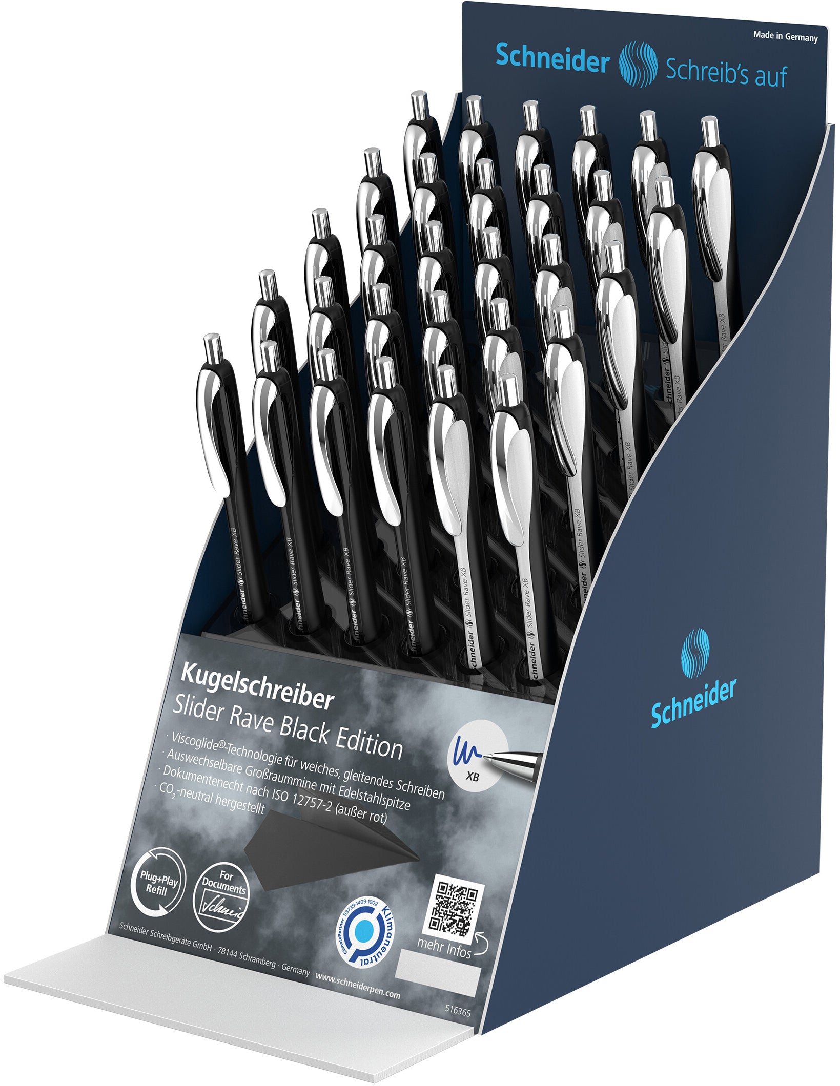 Schneider AG SCHNEIDER Slider Rave XB Kugelschreiber – 30er Display, Blau, Spitze 0,7 mm, Druck, gummiert, dokumentenecht