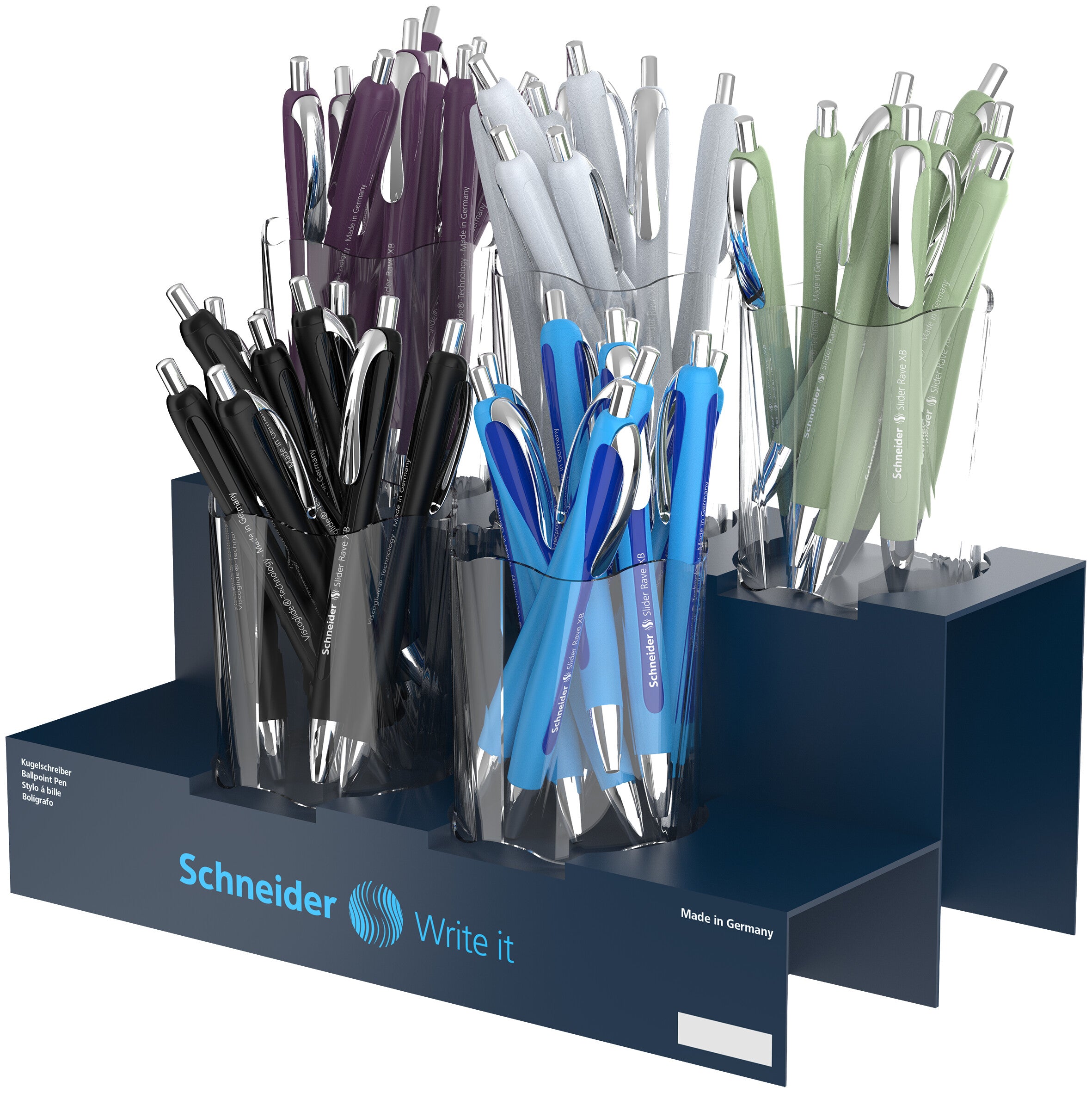 Schneider AG SCHNEIDER Slider Rave XB Kugelschreiber – 50er Display, sortierte Farben (Grün, Grau, Violett, Blau, Schwarz)