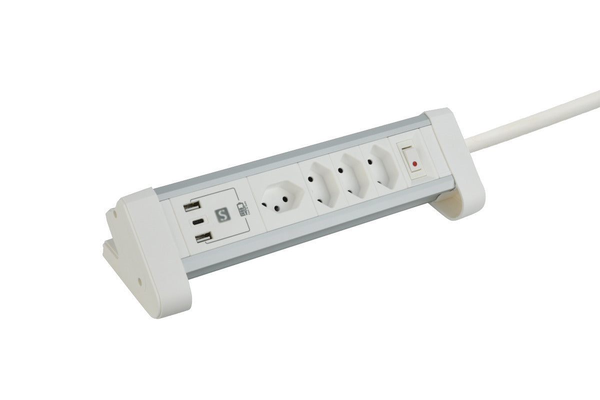 M. Schönenberger 85.861.4A – Tischsteckdosenleiste, 4× T13, 2× USB-A + 1× USB-C, 2 m, Stecker T12