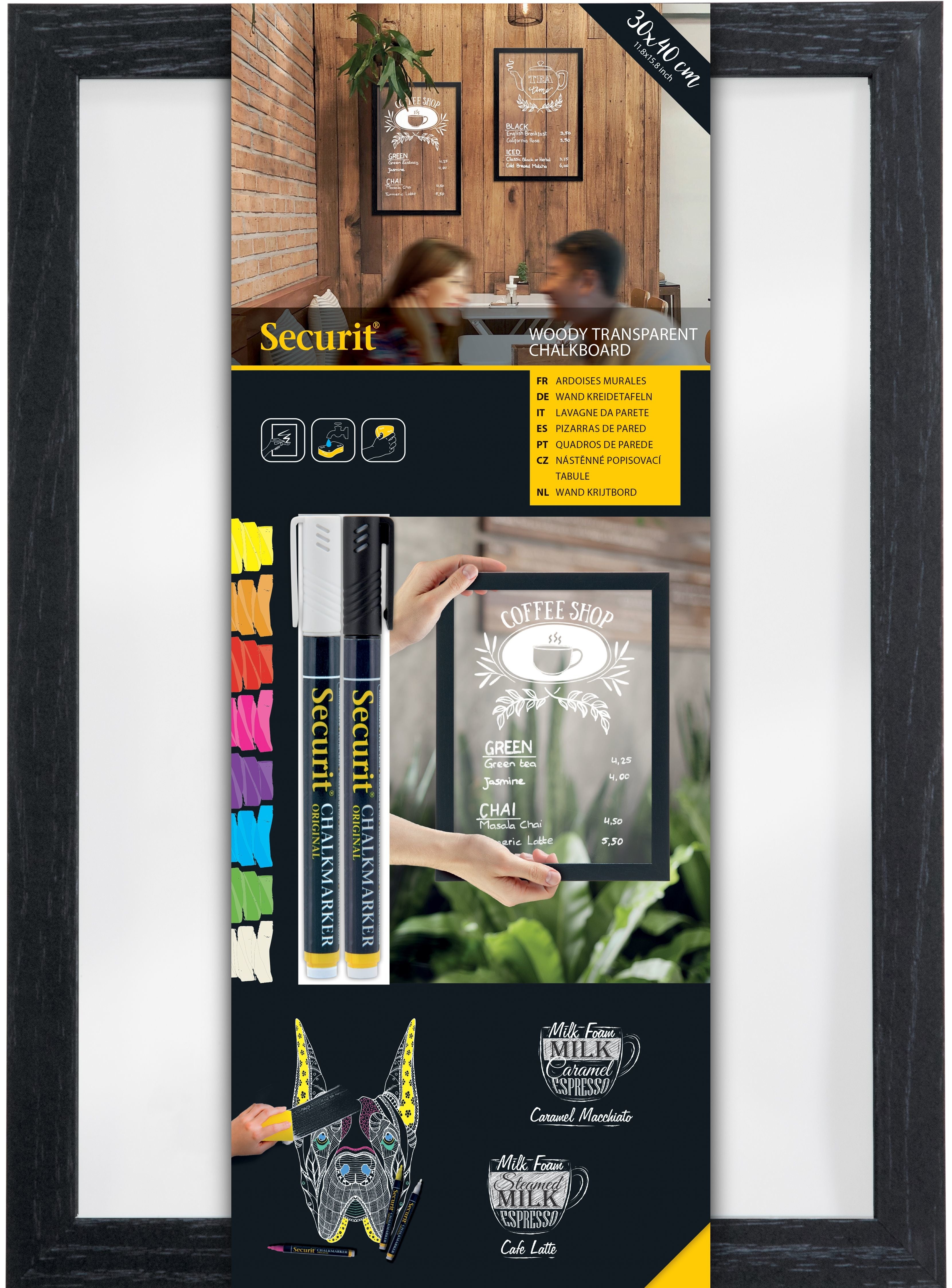 Securit WOODY Kreidetafel – 402 × 300 mm – Holzrahmen – Beidseitig beschreibbar, für Kreidemarker