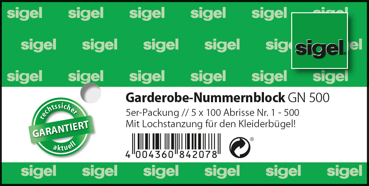 Sigel Garderobenblöcke 1–500 – 105 × 50 mm – 5 Blöcke × 100 Blätter – gelocht, perforiert, sortiert