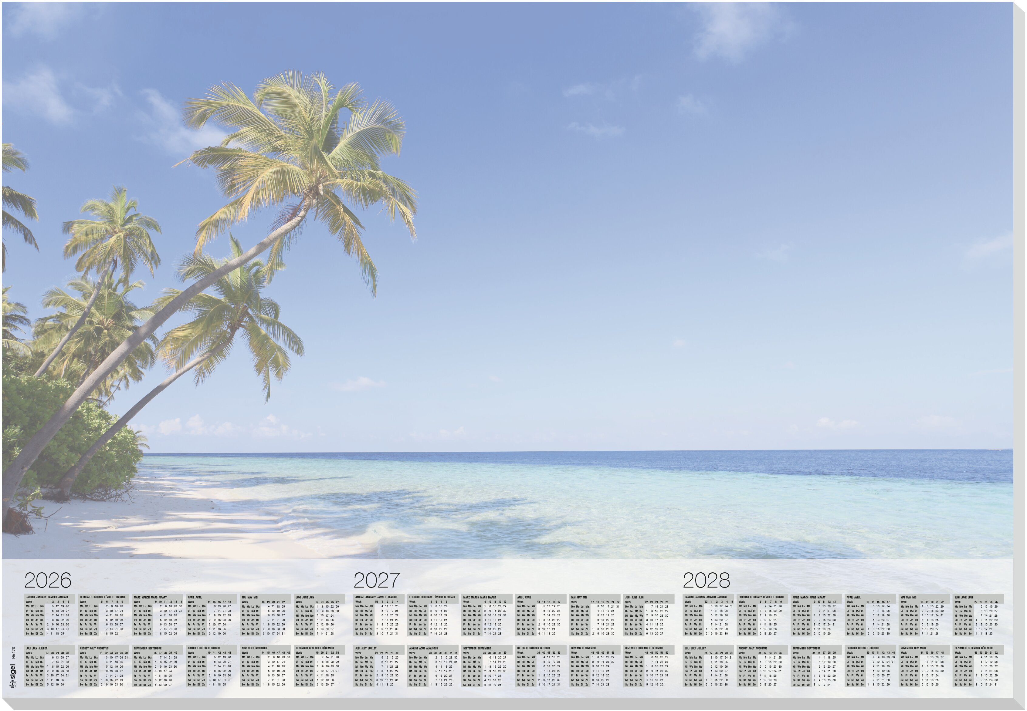 Sigel Schreibunterlage Beach 2026-28 H6470 – 595 × 410 mm – 30 Blatt, 3-Jahres-Kalender