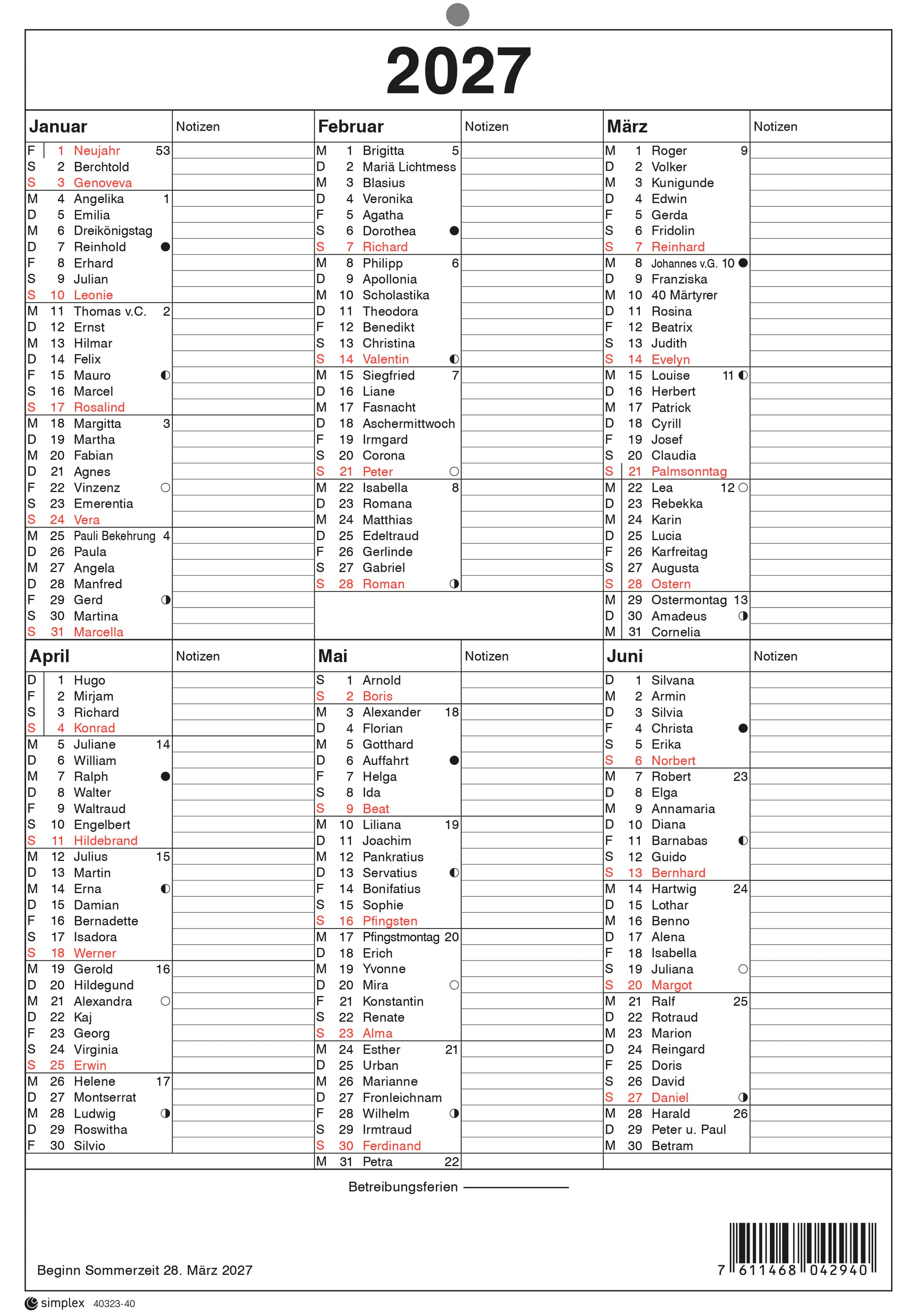 Simplex Wandkalender (Monat), 6 Monate pro Seite, 2027, A4, Hochformat, mit Namenstagen